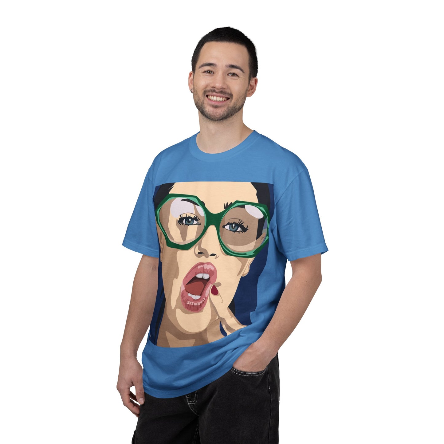 Pop Art Woman Graphic T‑Shirt — Retro Chic Green Glasses Design