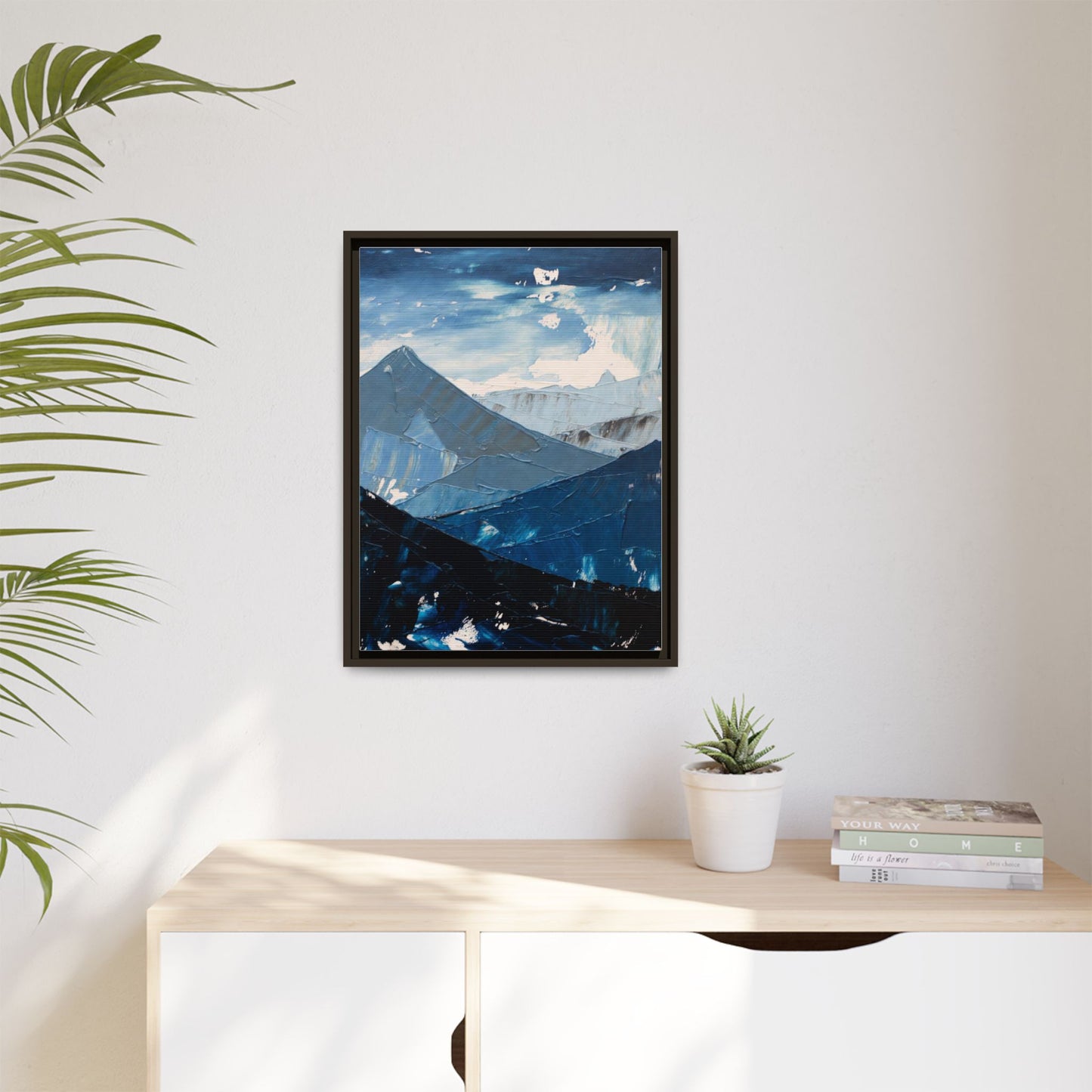 Blue Mountain Landscape Matte Canvas Framed | Abstract Mountain Wall Art