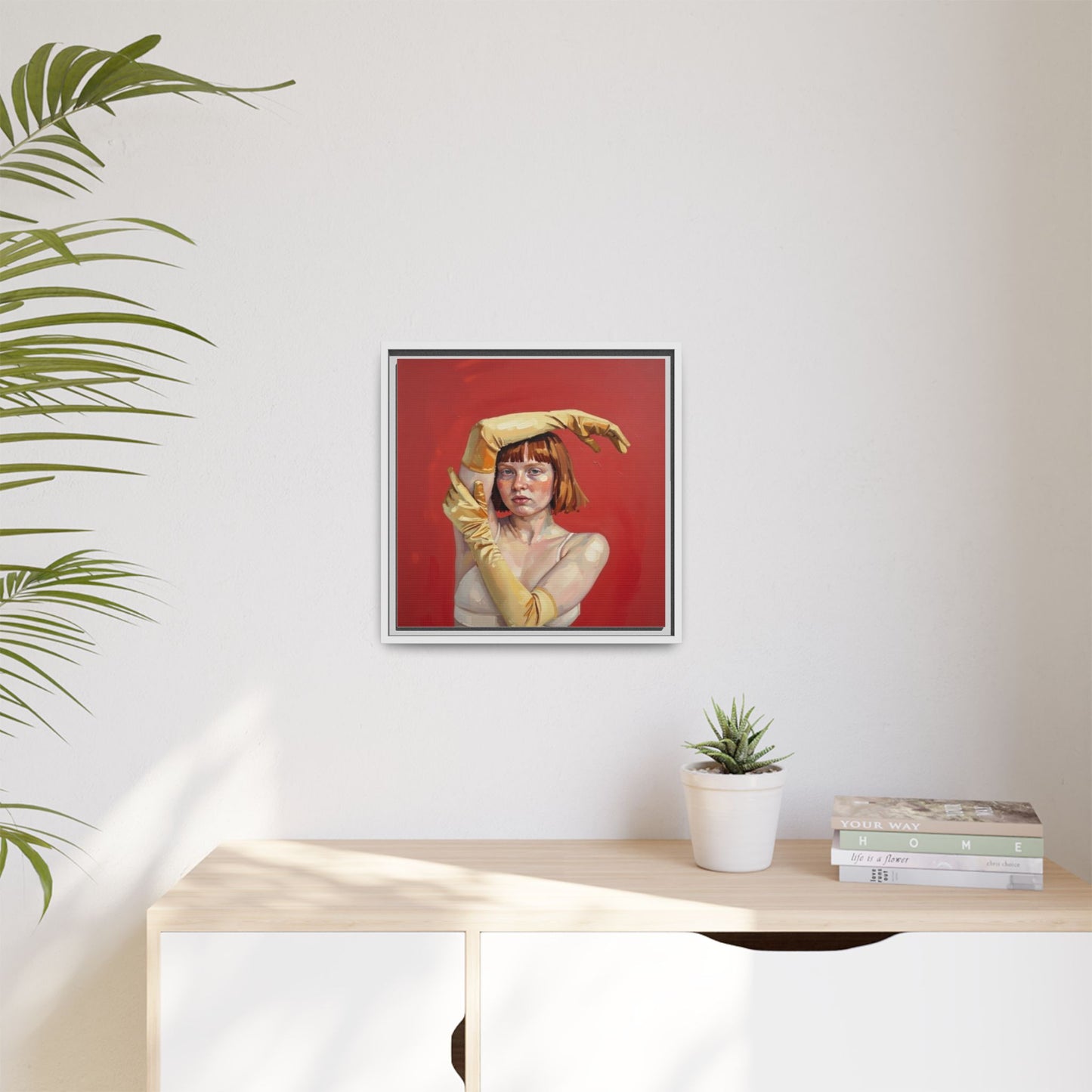 Framed Matte Canvas Art - Portrait of Woman in Yellow Gloves (Red Background)