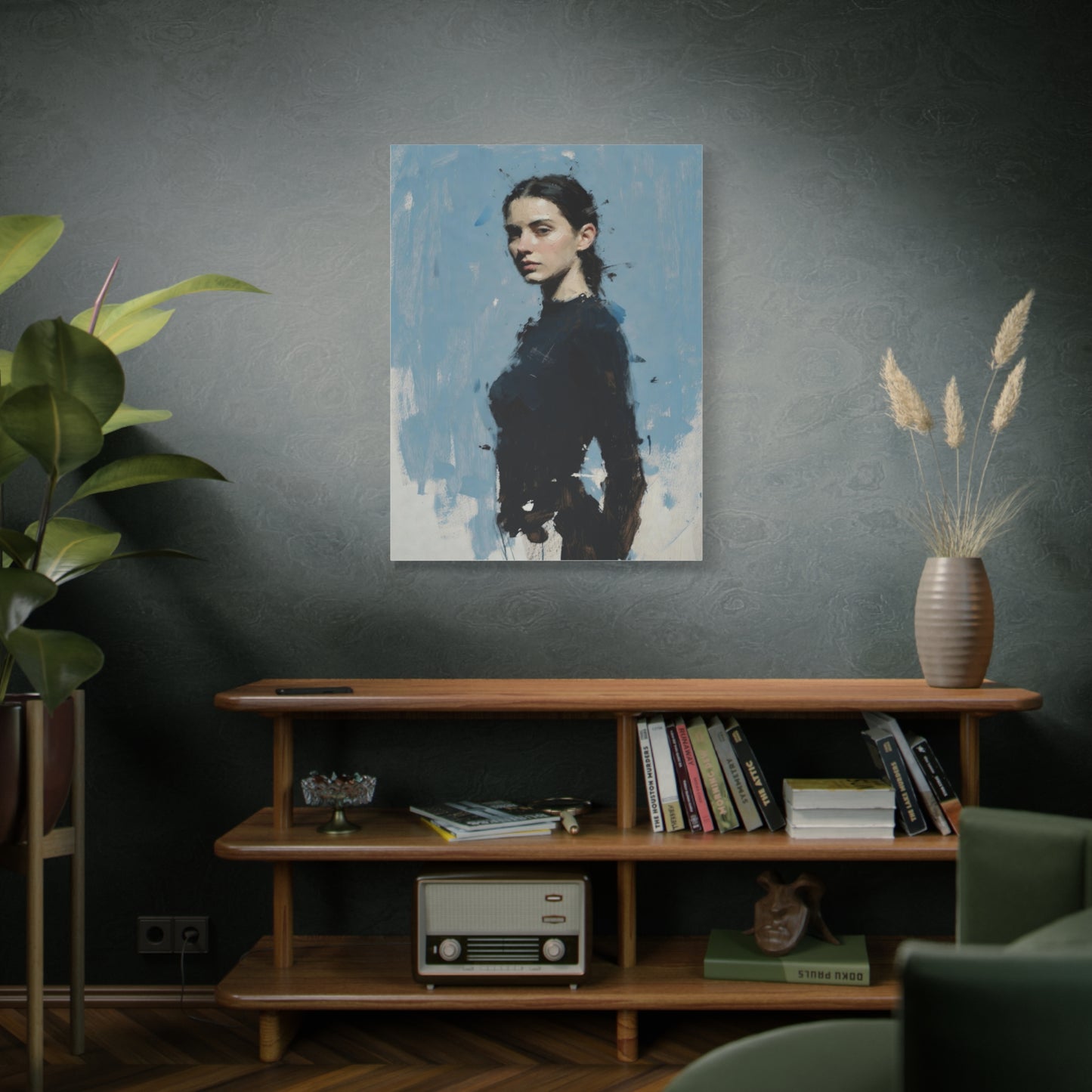 Matte Stretched Canvas Print — Portrait of a Young Woman, Moody Blue Figurative Art
