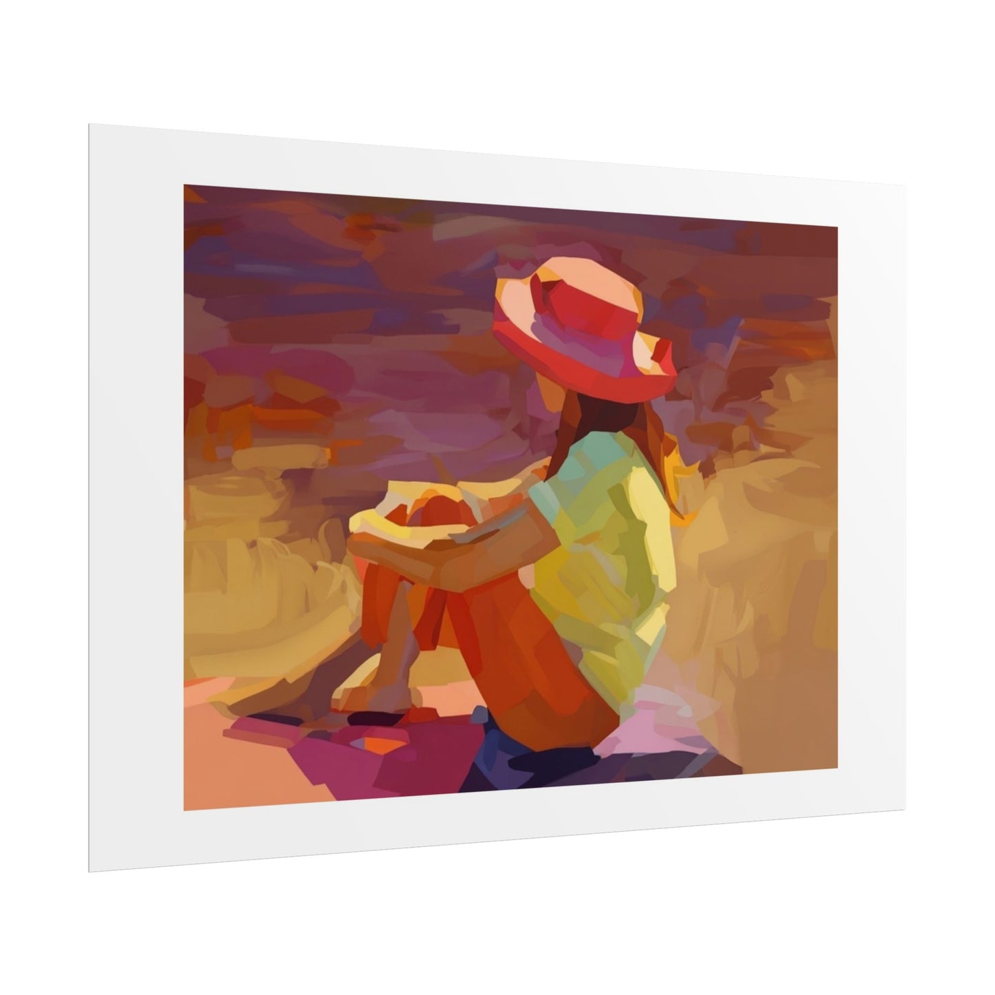 Sunset Daydream Rolled Poster — Colorful Girl in Hat Beach Art Print
