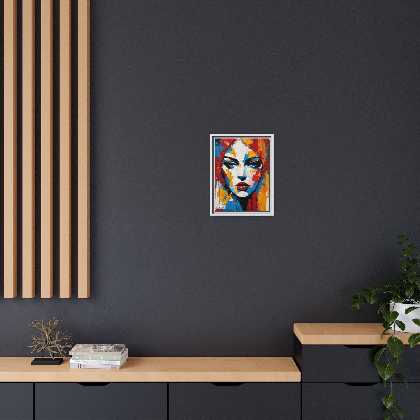 Framed Abstract Portrait Canvas — Colorful Female Face Wall Art
