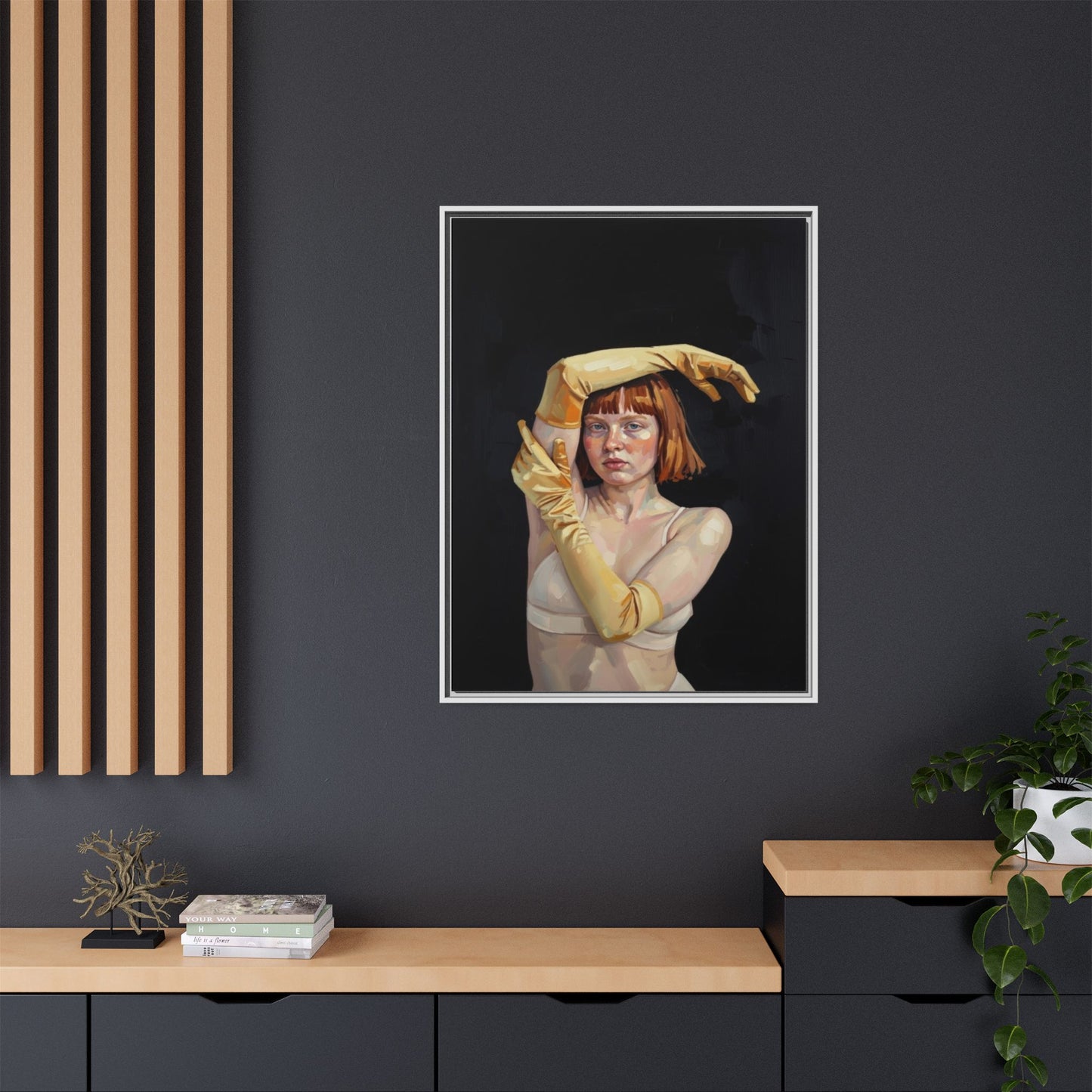 Framed Matte Canvas Art – Portrait of Woman in Yellow Gloves