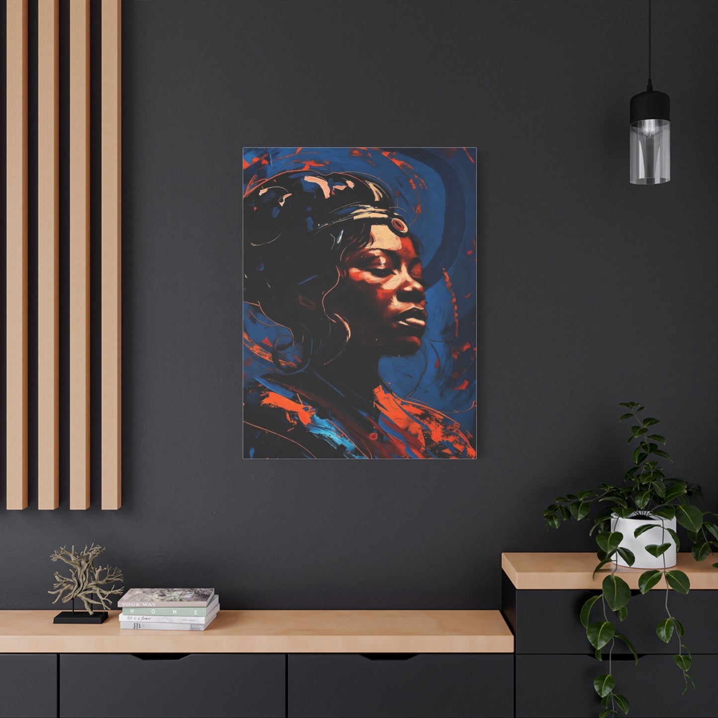 Regal Afrocentric Portrait Matte Canvas Art – Vibrant Blue & Orange Stretched Wall Decor
