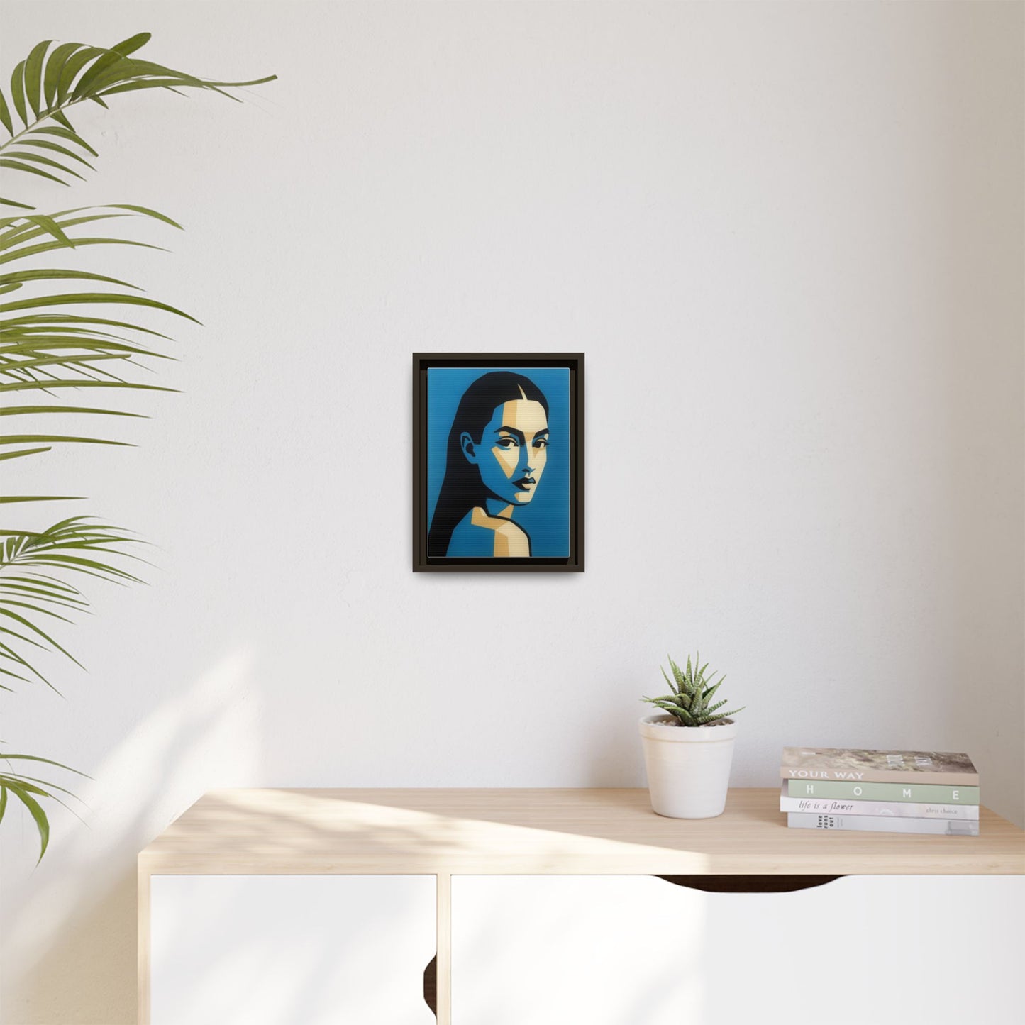 Framed Pop Art Portrait Canvas — Blue Geometric Woman Print