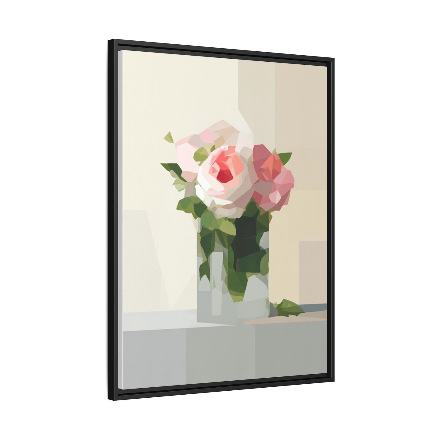 Framed Floral Canvas Print — Geometric Pink Rose Wall Art