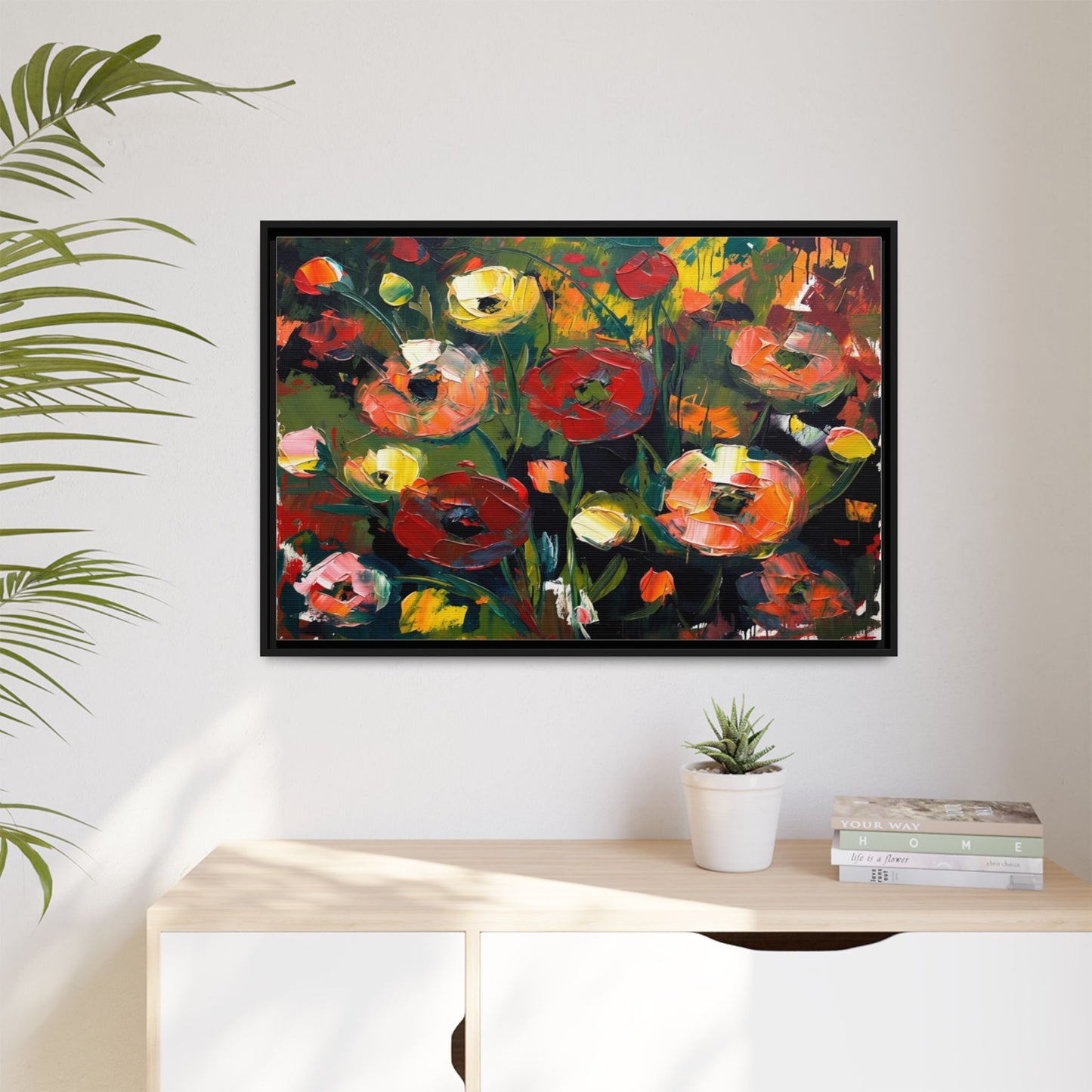 Framed Floral Canvas Print — Vibrant Abstract Poppies Wall Art