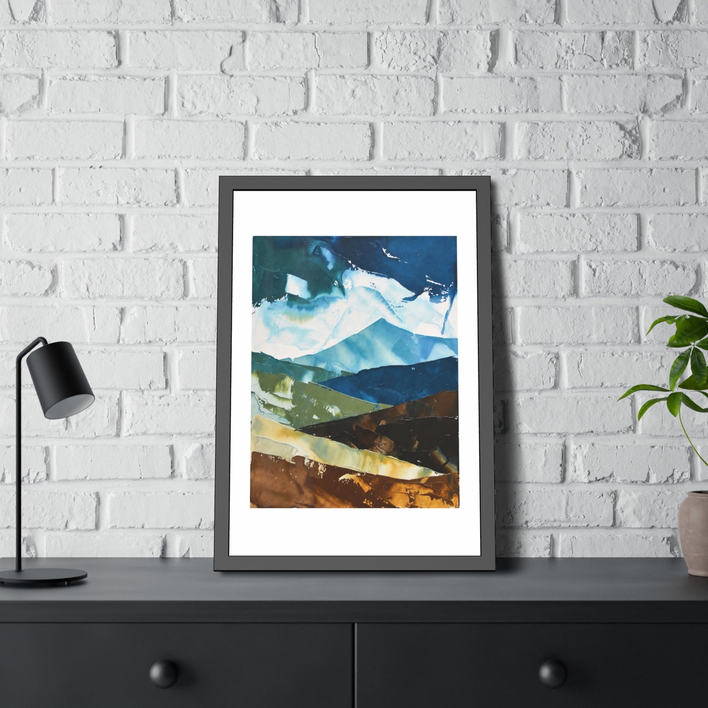 Framed Abstract Mountain Art Print – Blue & Earthtone Layered Landscape Poster