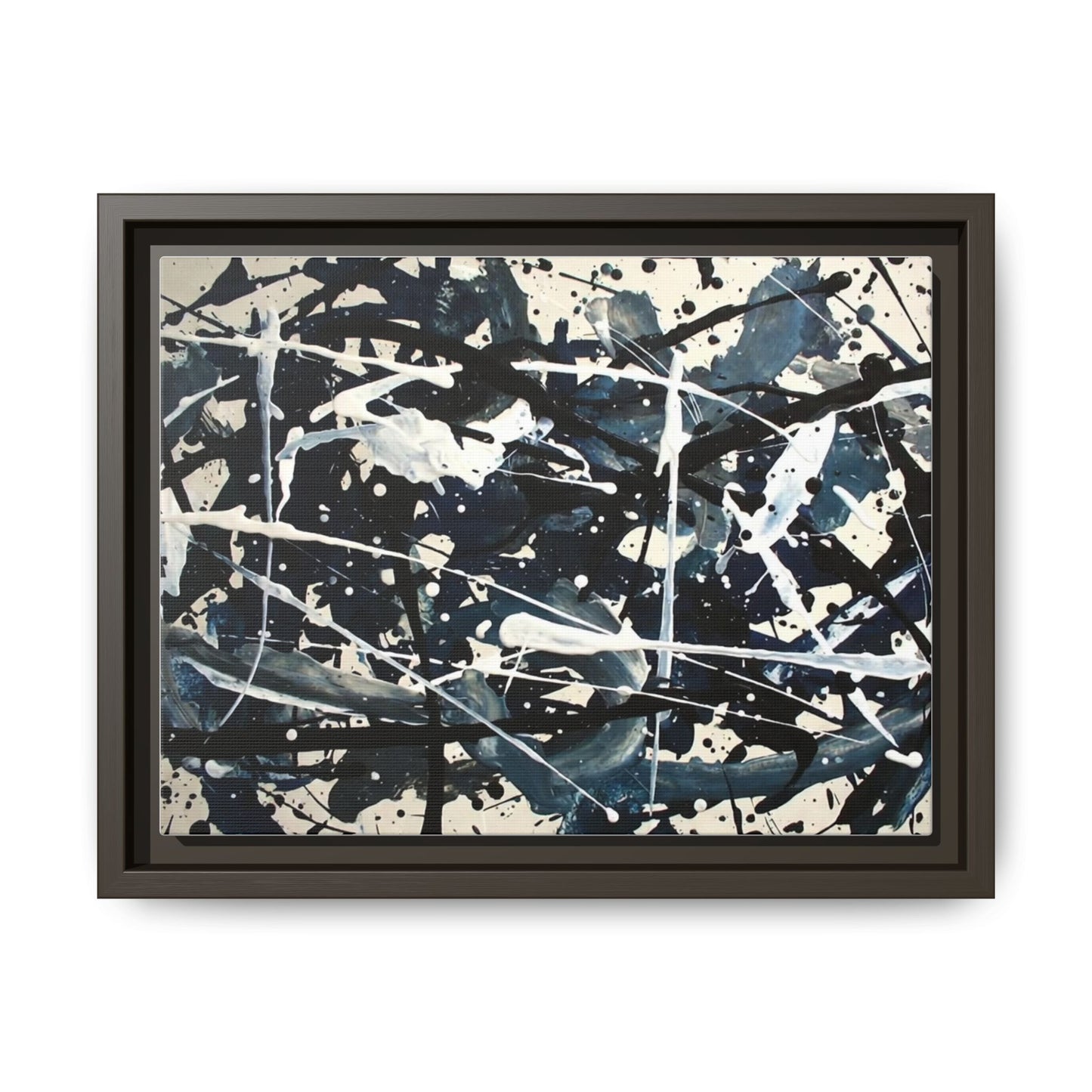 Abstract Splatter Matte Canvas Framed Wall Art — Black & Blue Modern Art Print