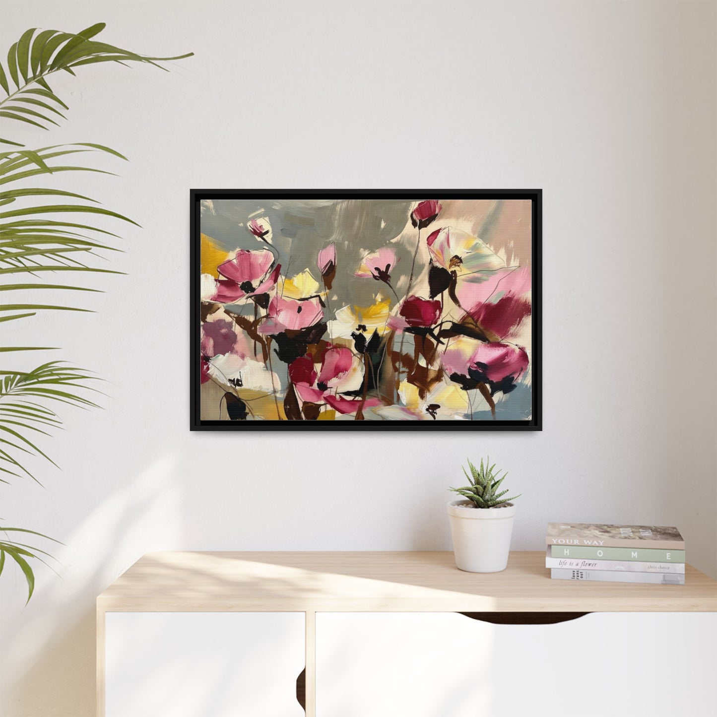 Framed Floral Canvas Wall Art — Abstract Pink & Yellow Flowers