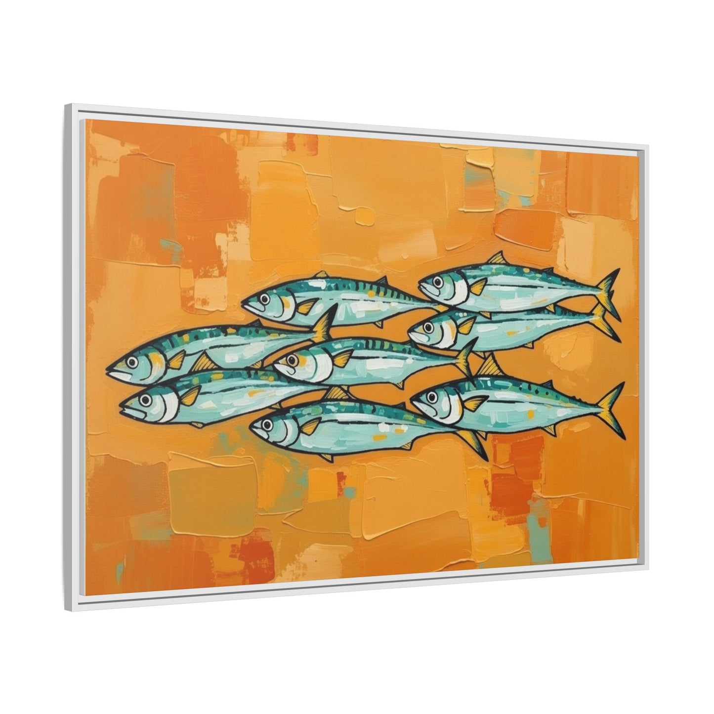 Framed Matte Canvas Print — School of Blue Fish on Orange Abstract Background