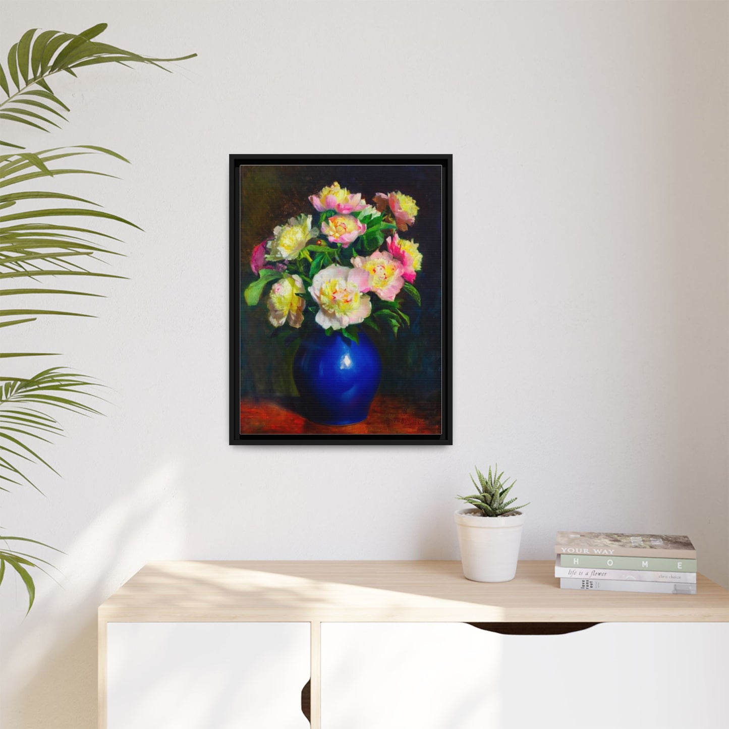 Framed Matte Canvas Wall Art — Vintage Floral Bouquet in Blue Vase