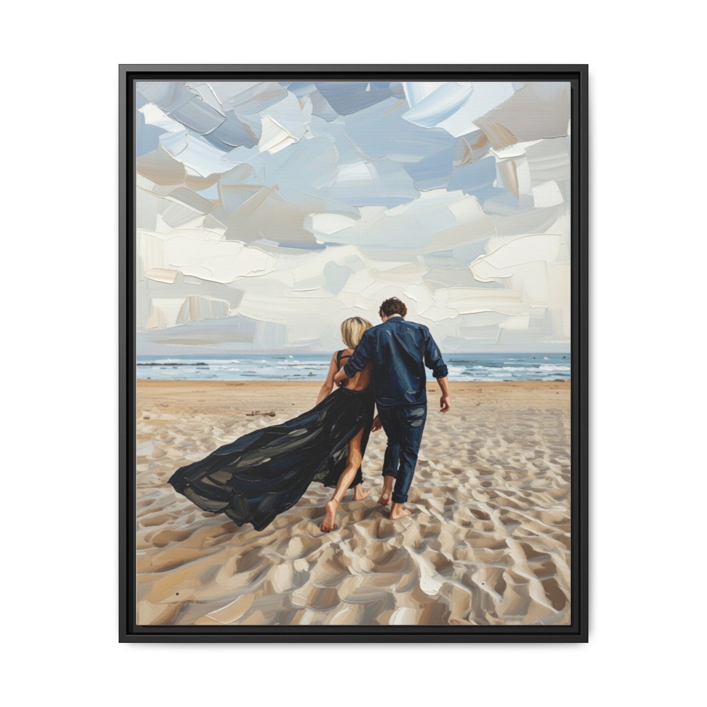 Framed Canvas Wall Art — Romantic Couple Walking on Beach Print