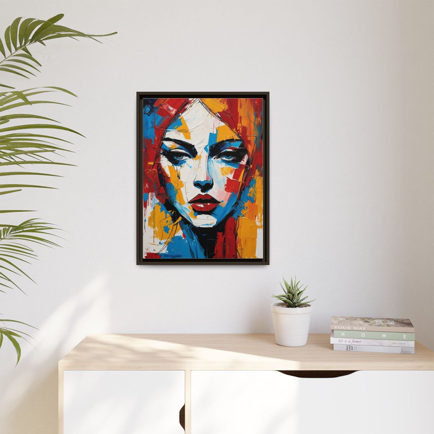 Framed Abstract Portrait Canvas — Colorful Female Face Wall Art