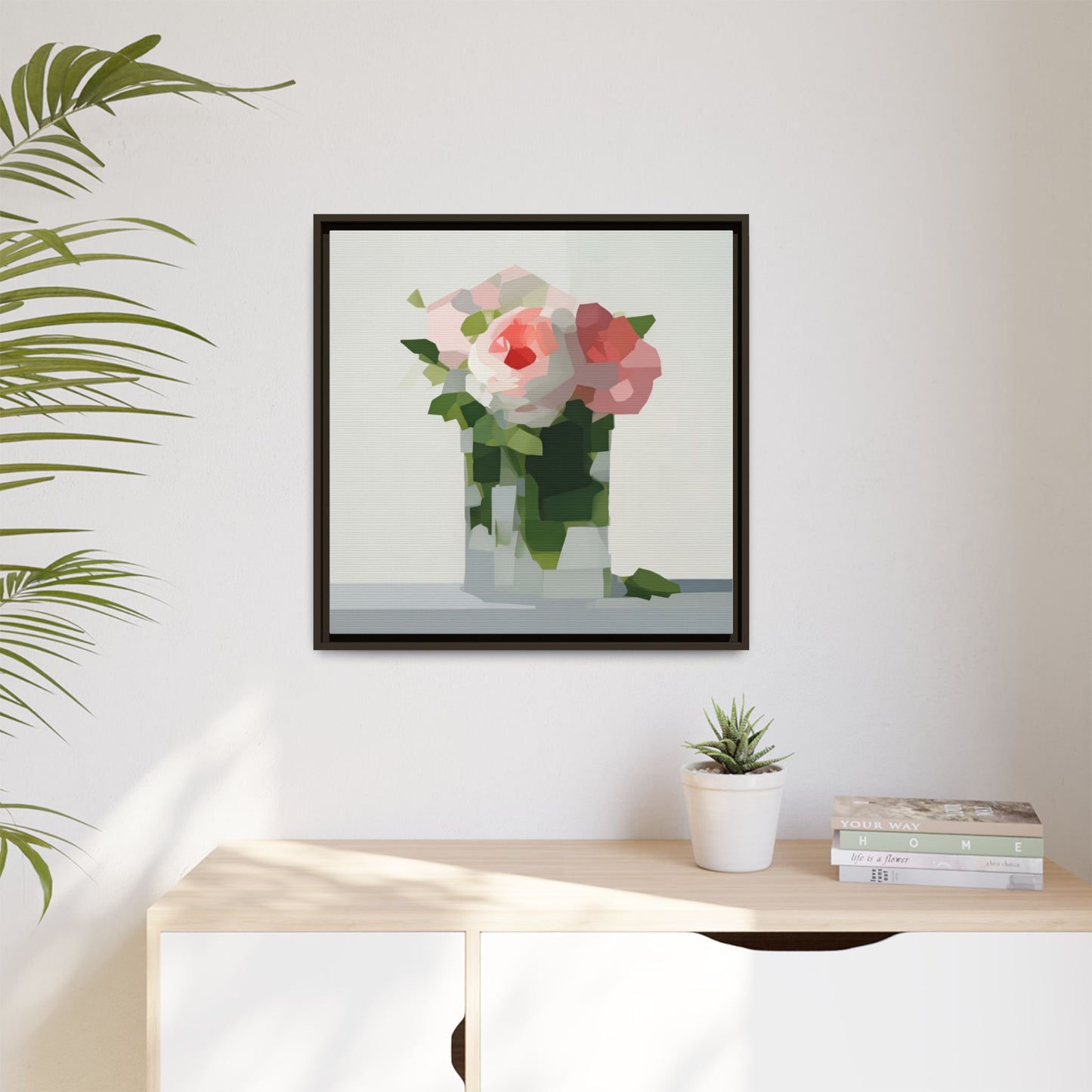 Framed Floral Canvas Print — Modern Pink Roses Still Life