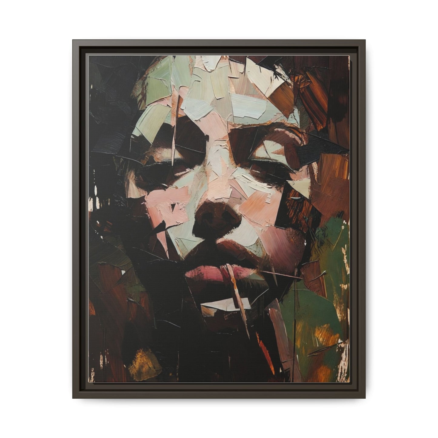 Matte Framed Canvas Art — Abstract Female Portrait, Moody Multicolor
