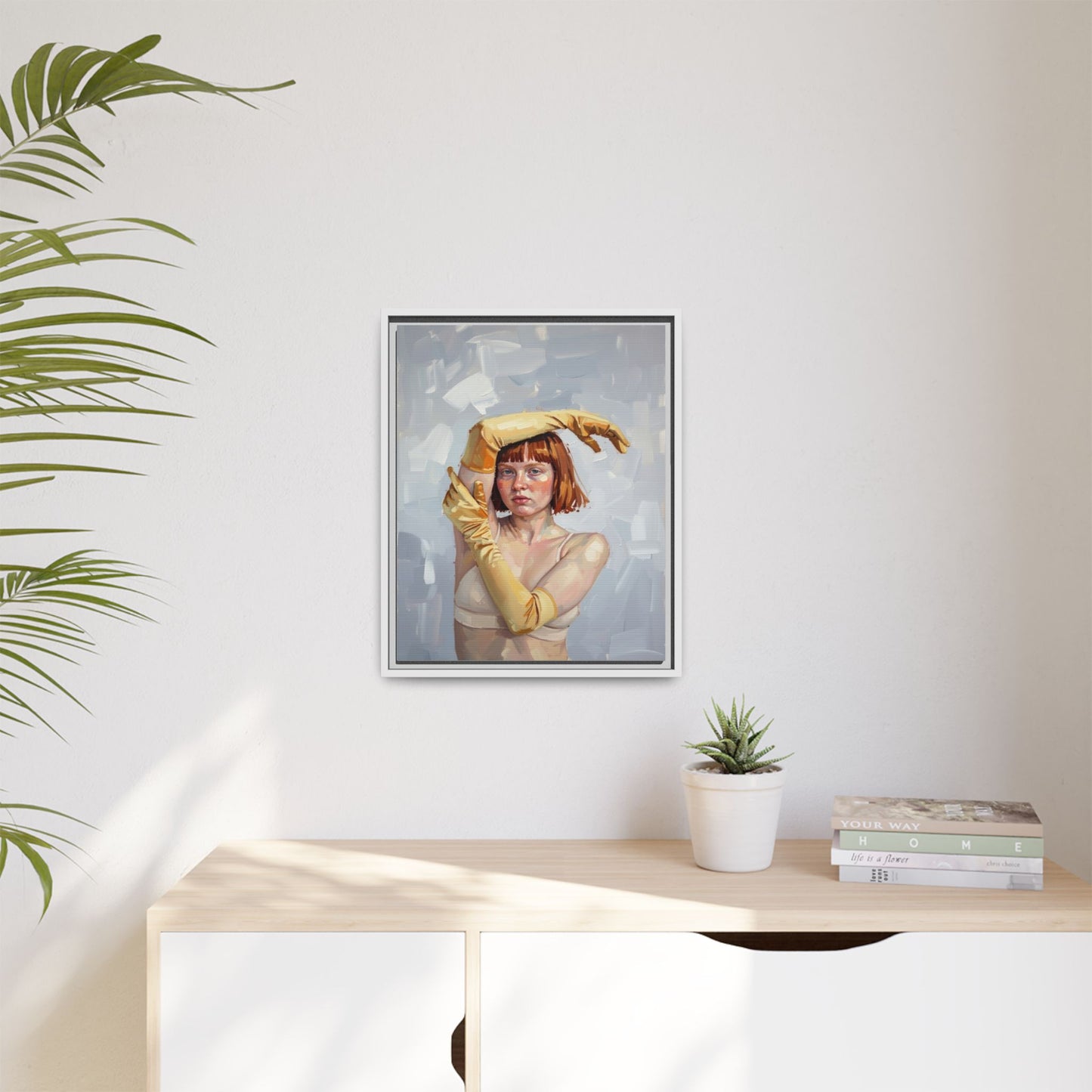 Contemporary Portrait Canvas Print — Woman with Yellow Gloves (Framed Matte)