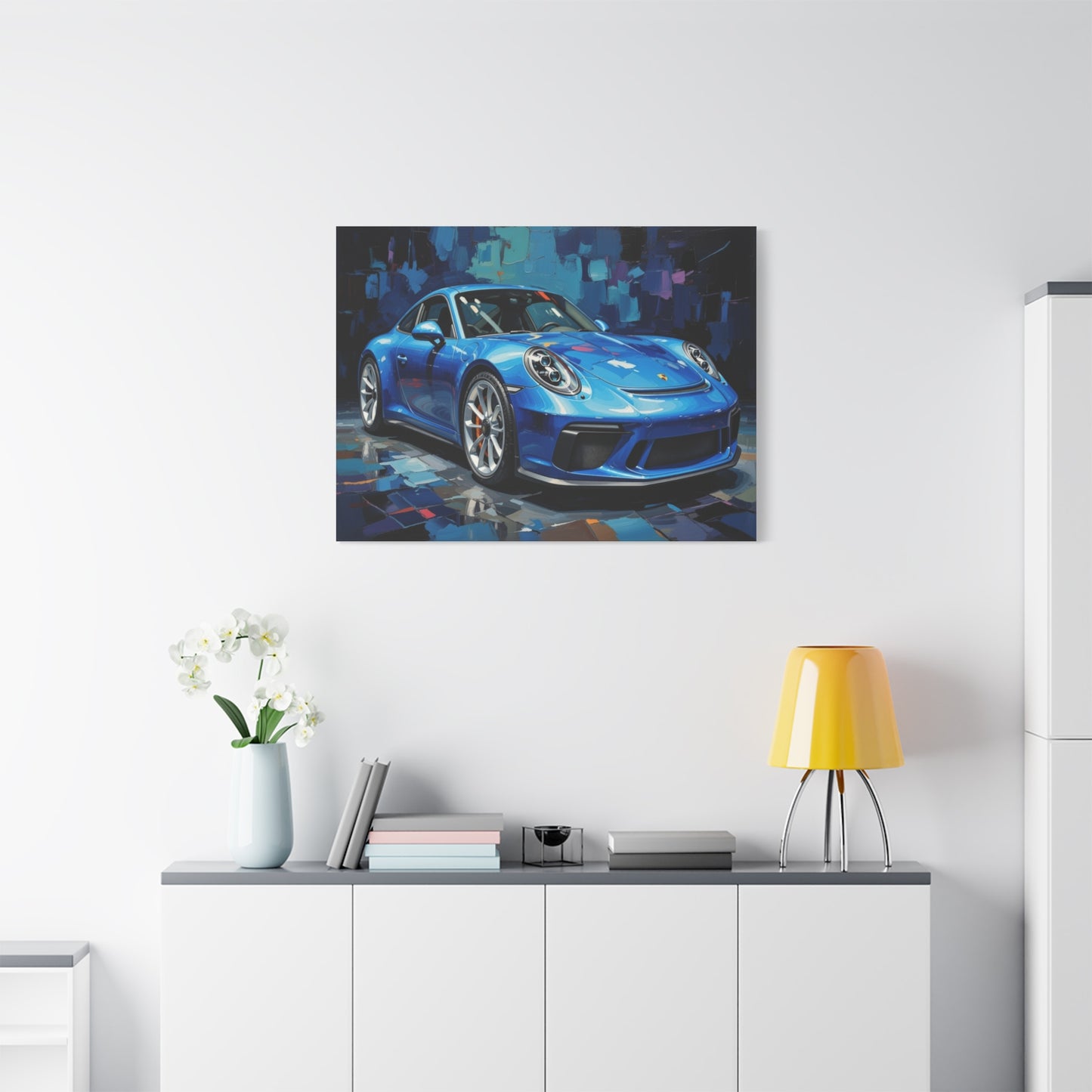 Blue Sports Car Canvas Wall Art — Modern Automotive Painting on Stretched Matte Canvas