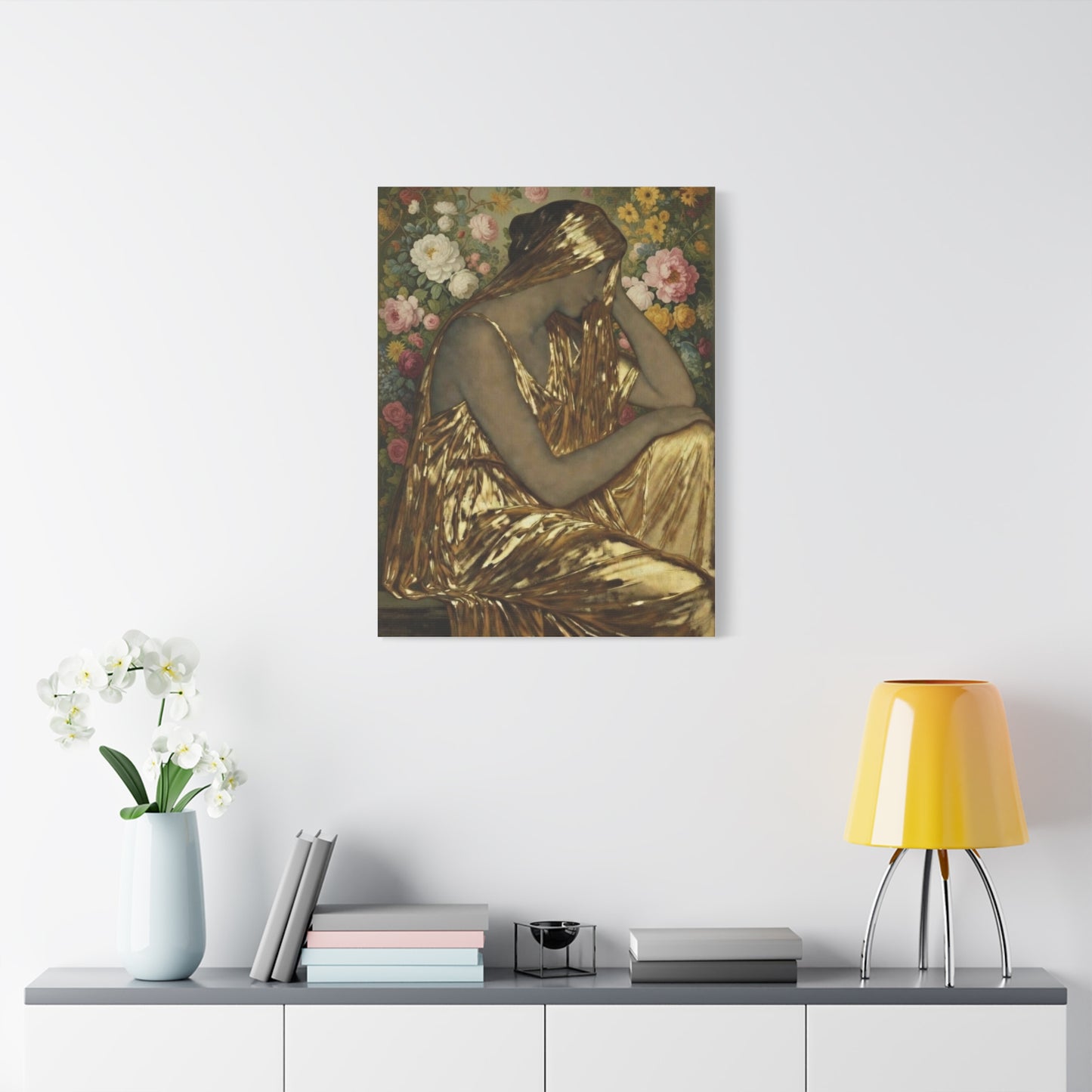 Golden Muse Canvas Print — Woman in Gold Floral Art (Stretched Matte)