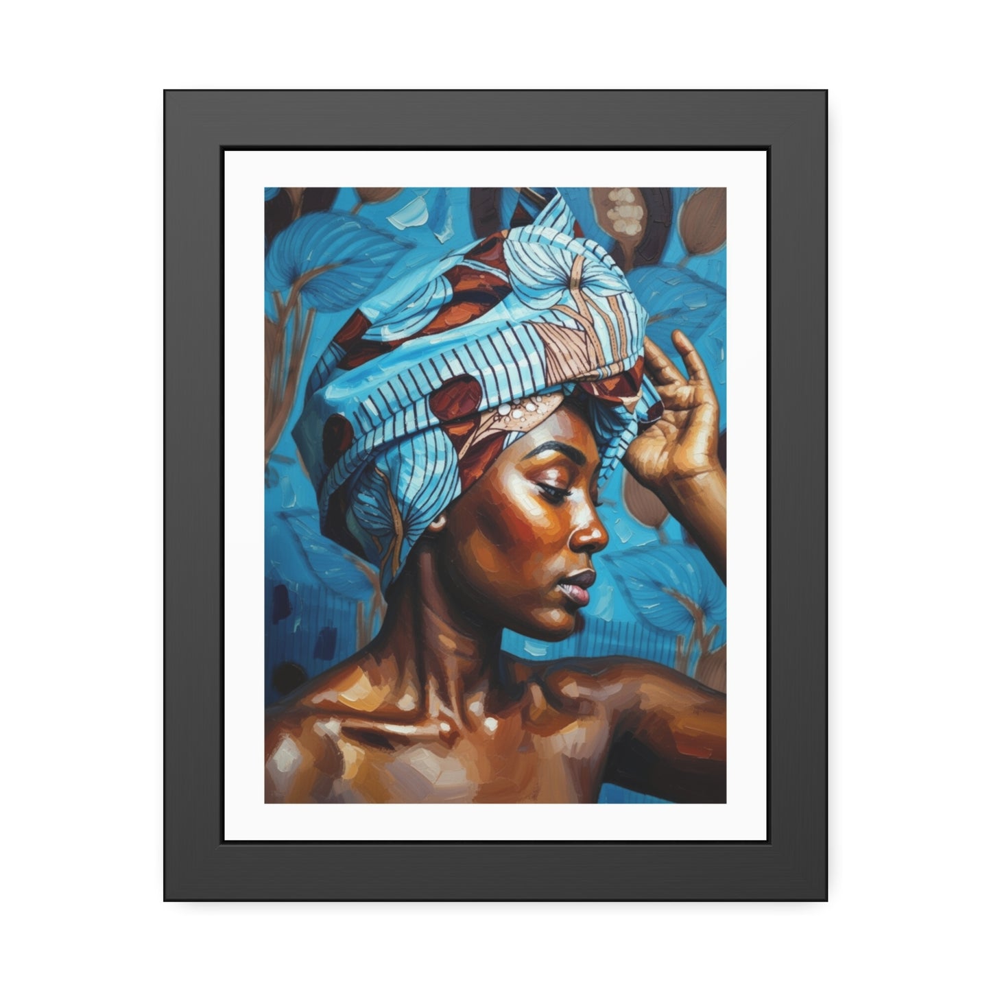 Framed Art Print — Portrait of Woman with Blue Headwrap (Gallery Wall Decor)
