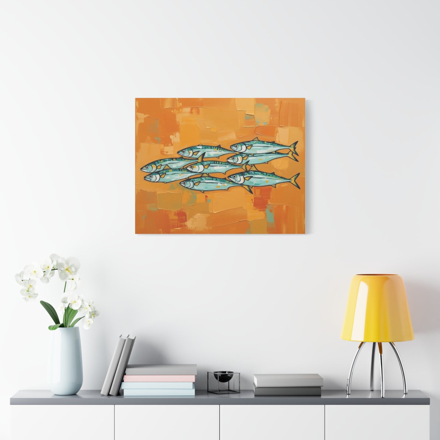 School of Mackerel Canvas Wall Art — Nautical Fish Painting on Orange Background