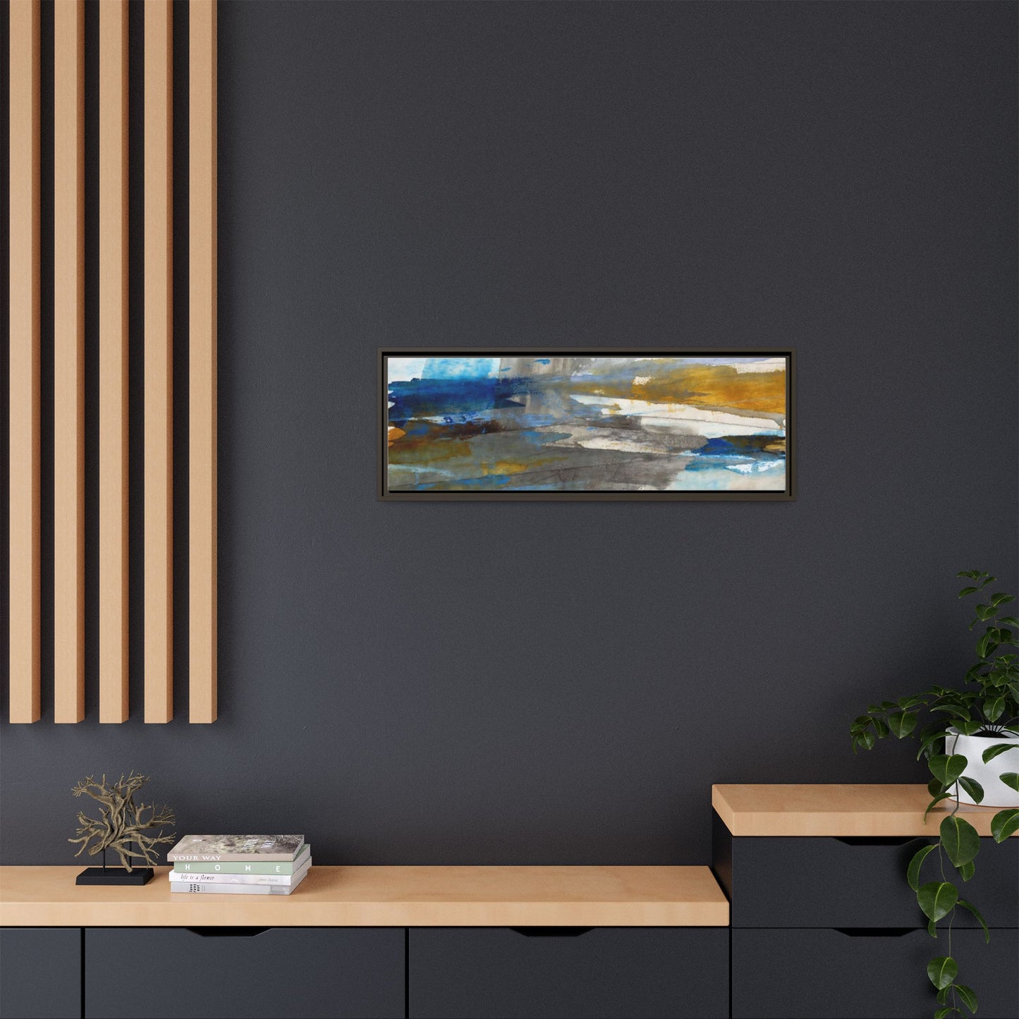 Abstract Blue & Gold Framed Canvas Art — Matte Multi-Color Wall Print