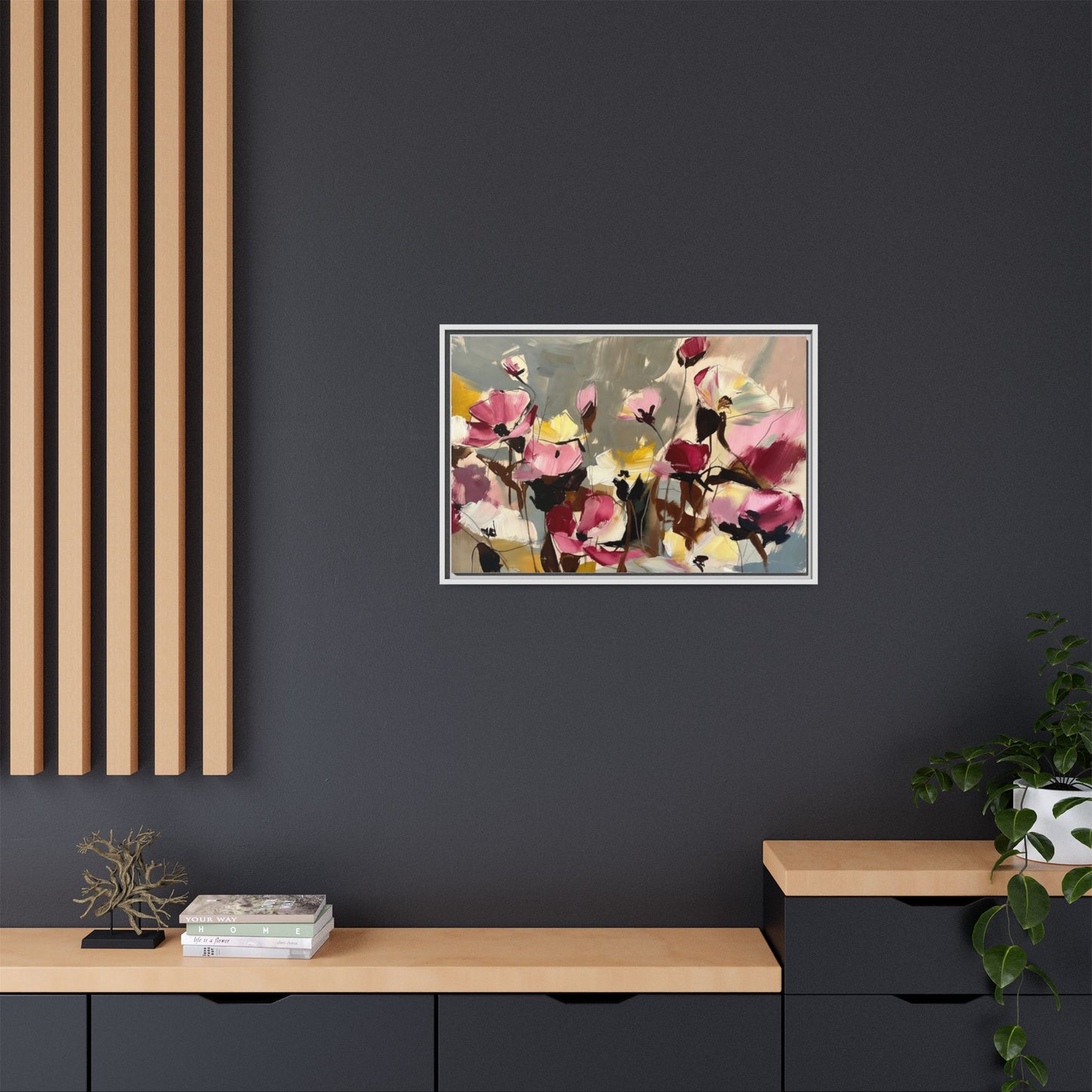 Framed Floral Canvas Wall Art — Abstract Pink & Yellow Flowers