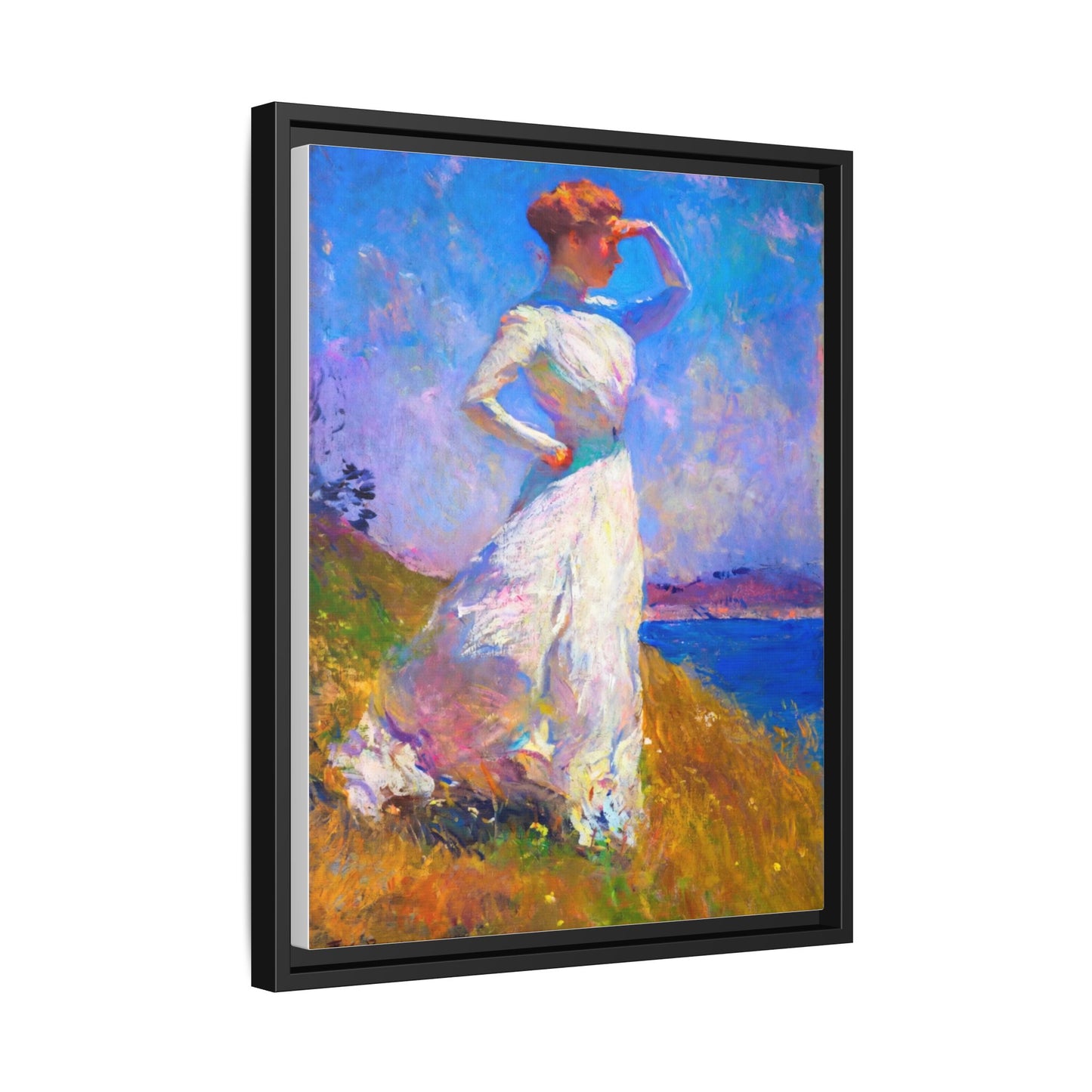 Framed Matte Canvas Art - Woman in White Seaside Impressionist Print