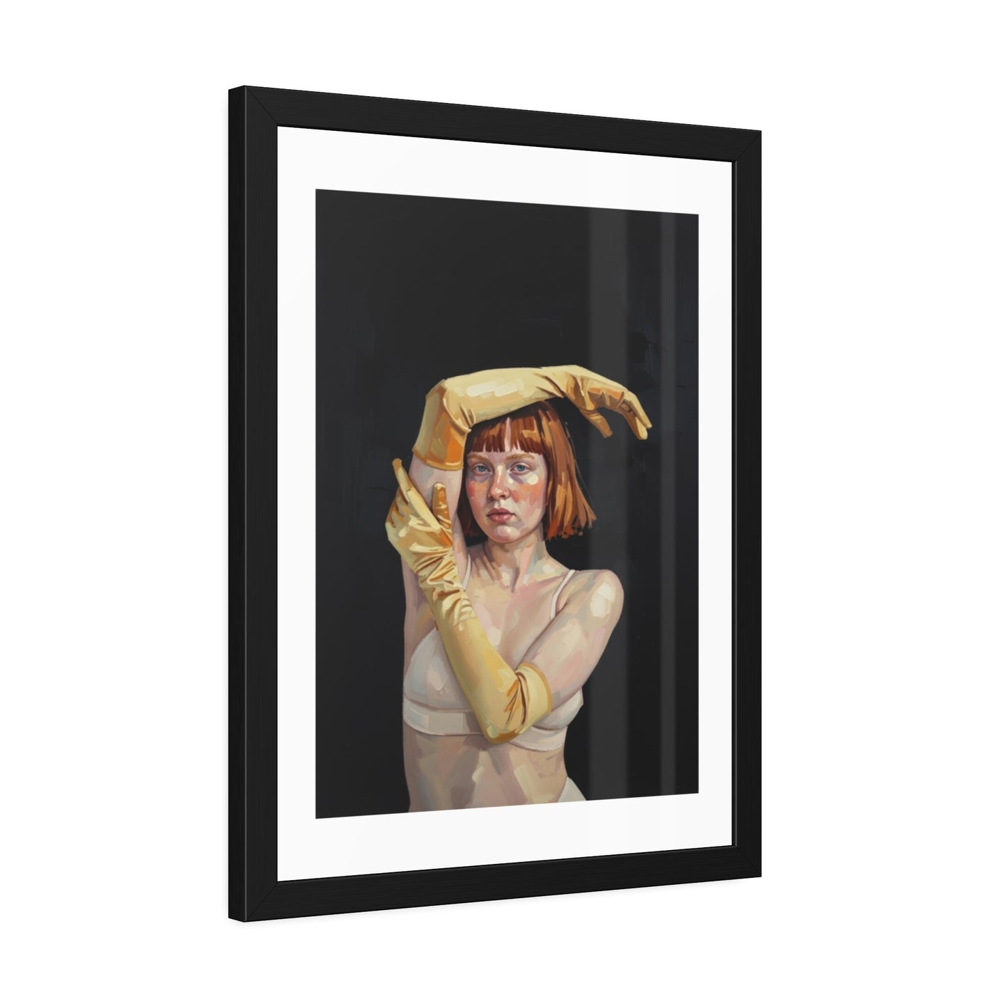 Framed Art Poster — Portrait of Redhead Woman in Yellow Gloves (Gallery Wall Print)