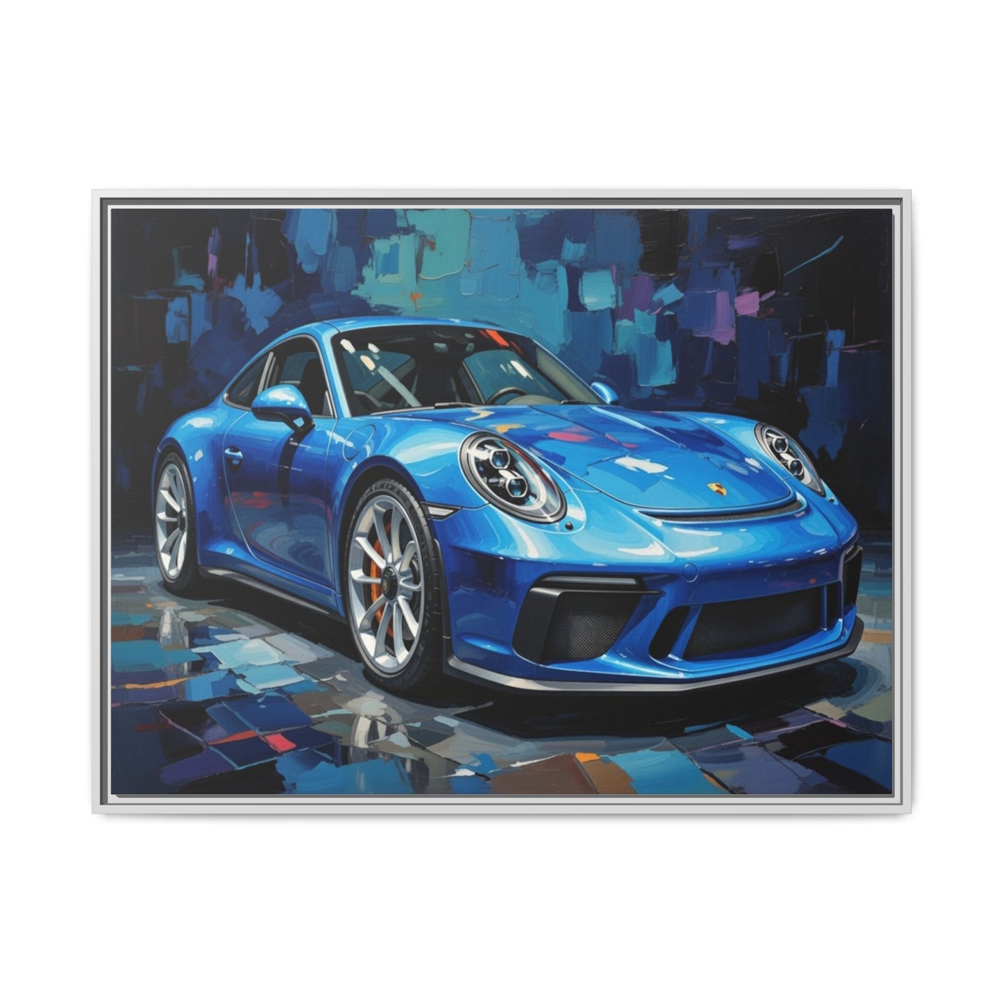 Blue Sports Car Matte Canvas Framed Print — Modern Automotive Wall Art