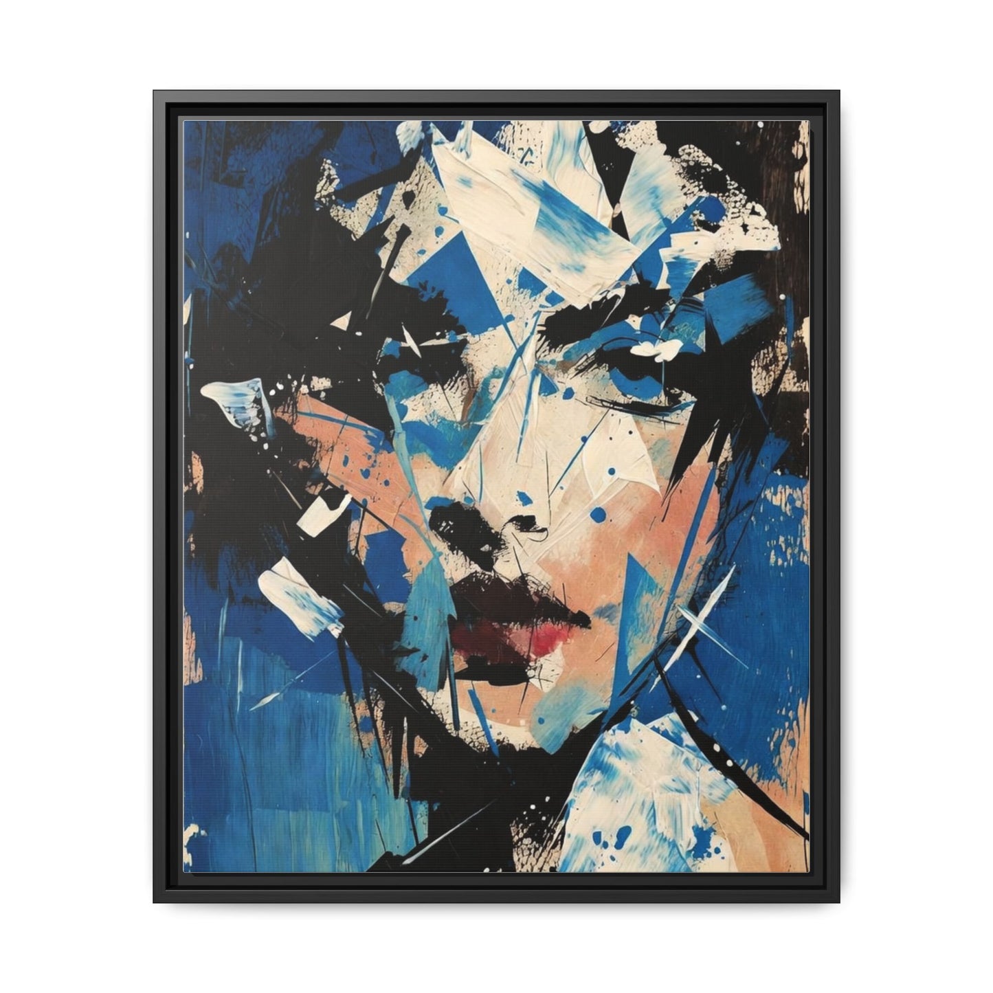 Abstract Portrait Matte Canvas Framed Wall Art — Blue Mixed-Media Face Print