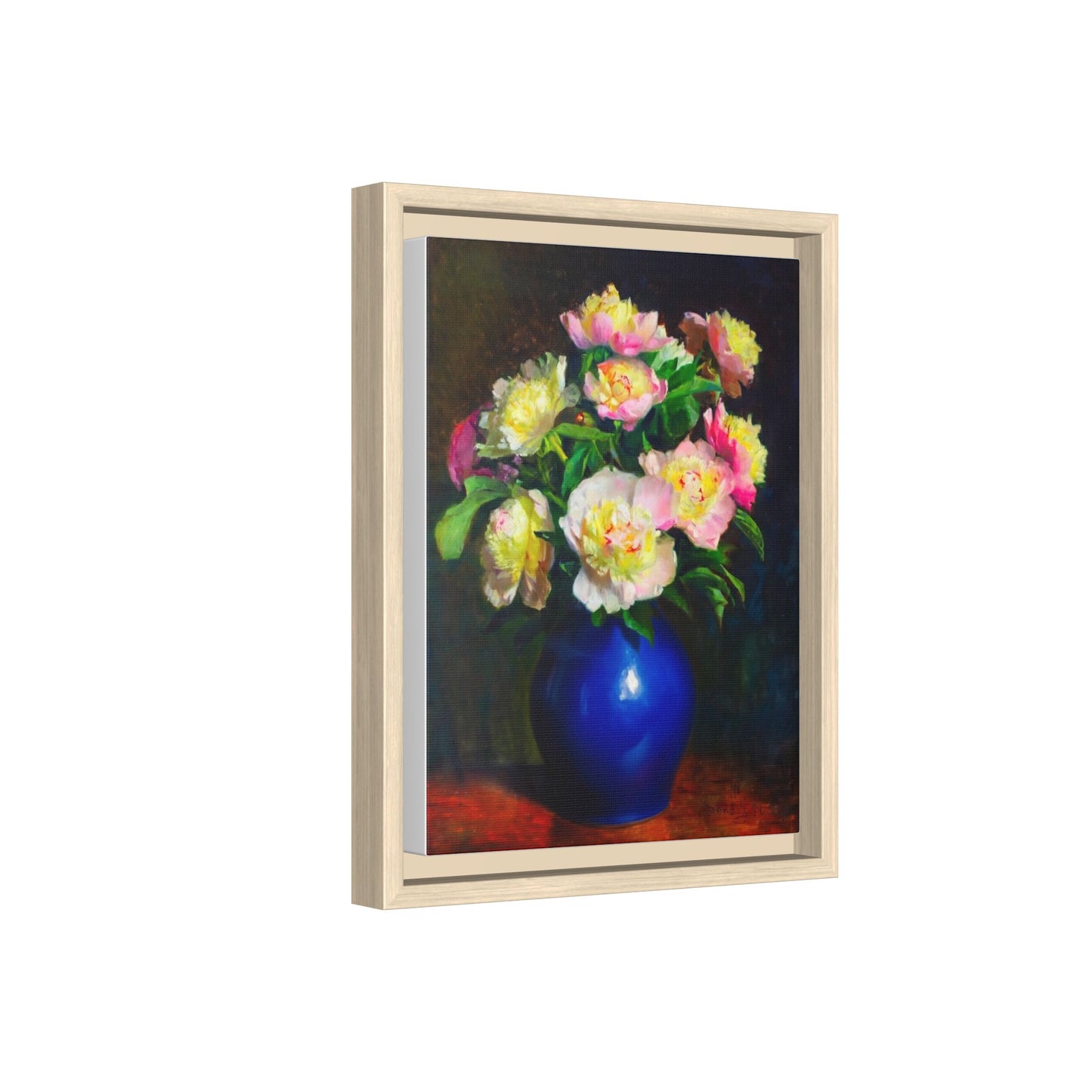 Framed Matte Canvas Wall Art — Vintage Floral Bouquet in Blue Vase