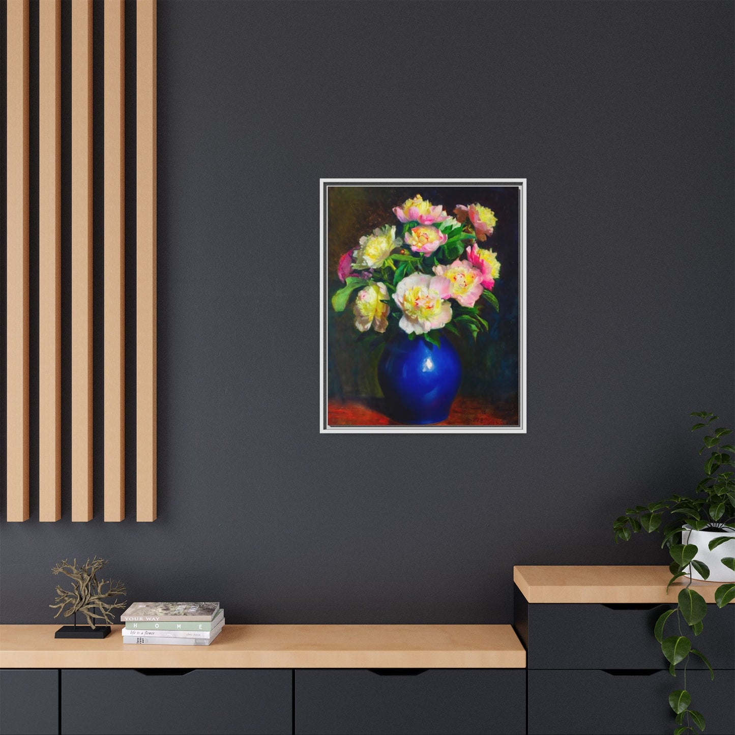 Framed Matte Canvas Wall Art — Vintage Floral Bouquet in Blue Vase