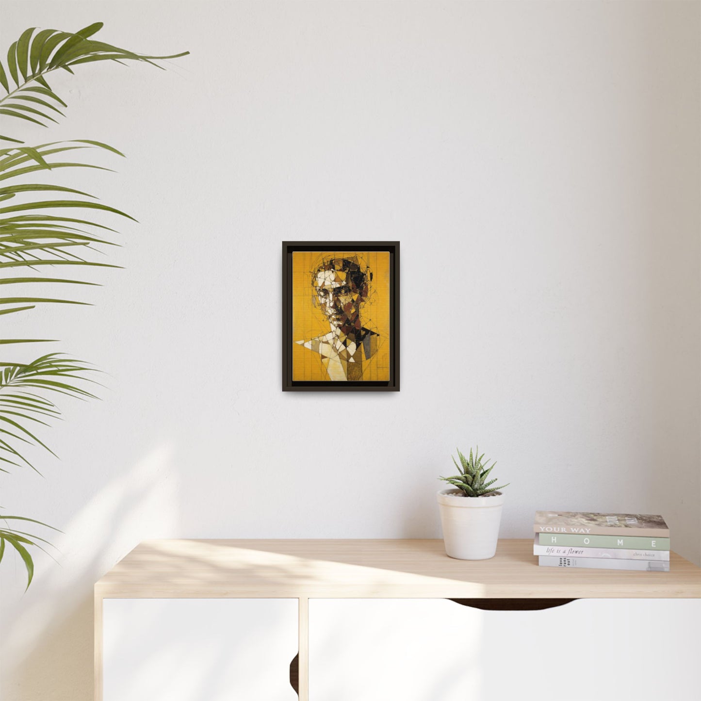 Framed Matte Canvas Art - Abstract Geometric Portrait on Mustard Yellow