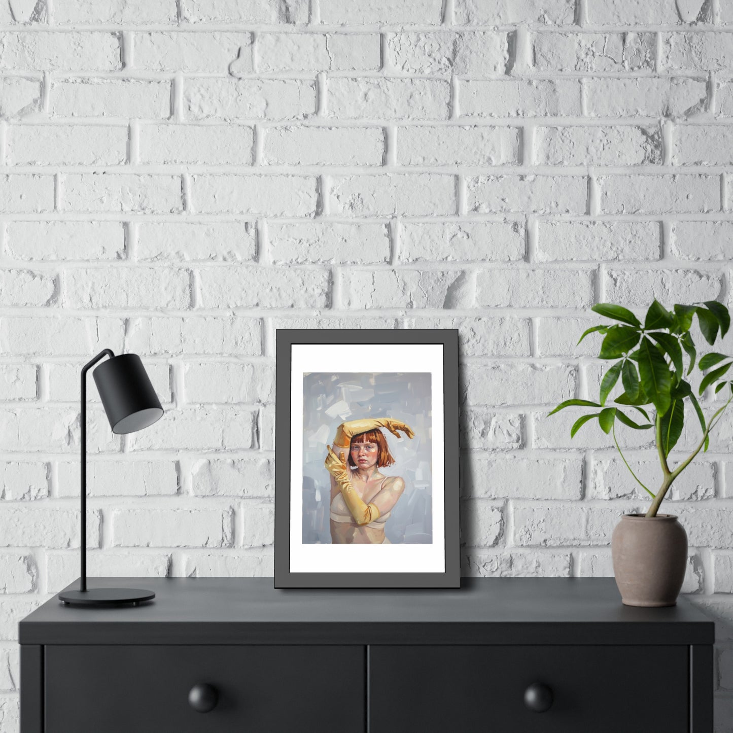 Framed Art Print — Portrait of Woman in Yellow Gloves (Modern Figurative Wall Art)