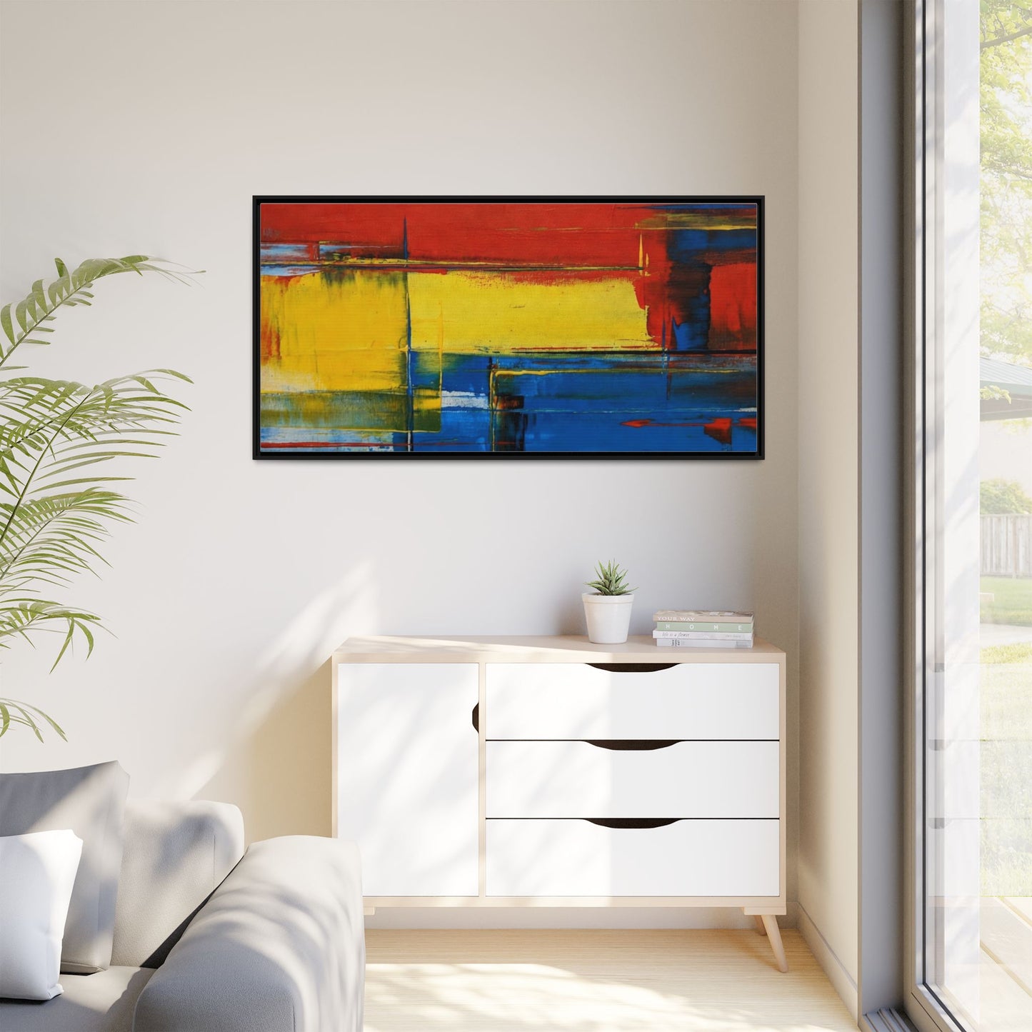 Abstract Color Block Matte Canvas Framed Wall Art — Modern Red Yellow Blue Painting