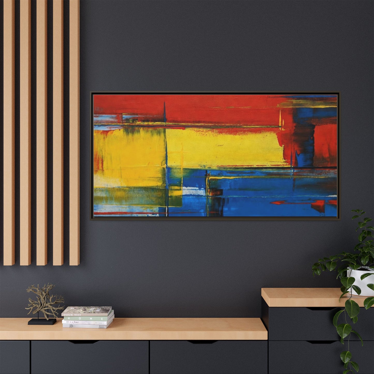 Abstract Color Block Matte Canvas Framed Wall Art — Modern Red Yellow Blue Painting