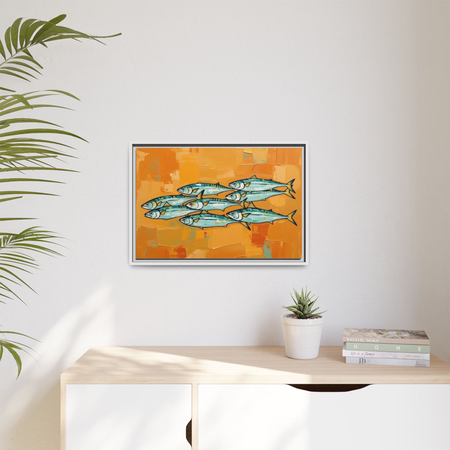 Framed Matte Canvas Print — School of Blue Fish on Orange Abstract Background