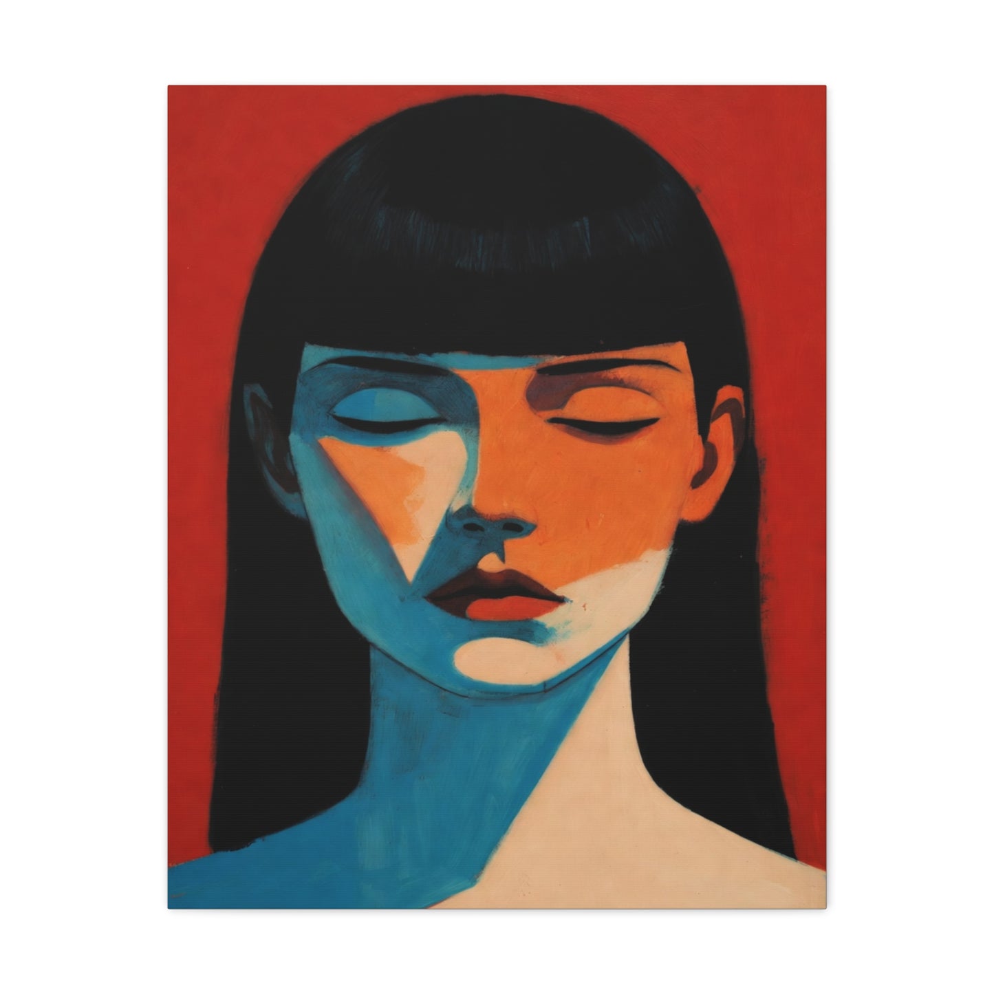Portrait Canvas Wall Art — Modern Minimalist Woman in Red & Blue