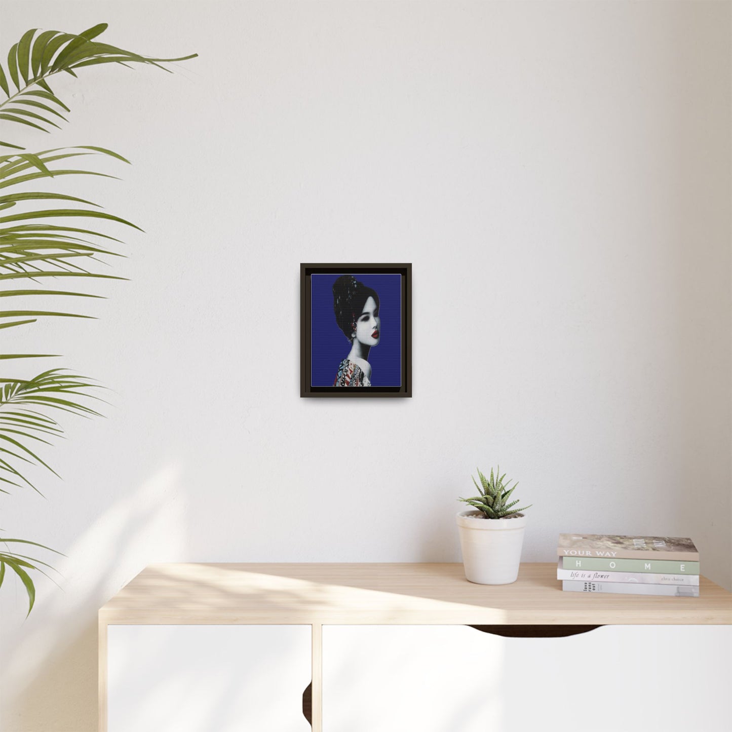 Framed Matte Canvas Art — Elegant Geisha Portrait on Deep Blue