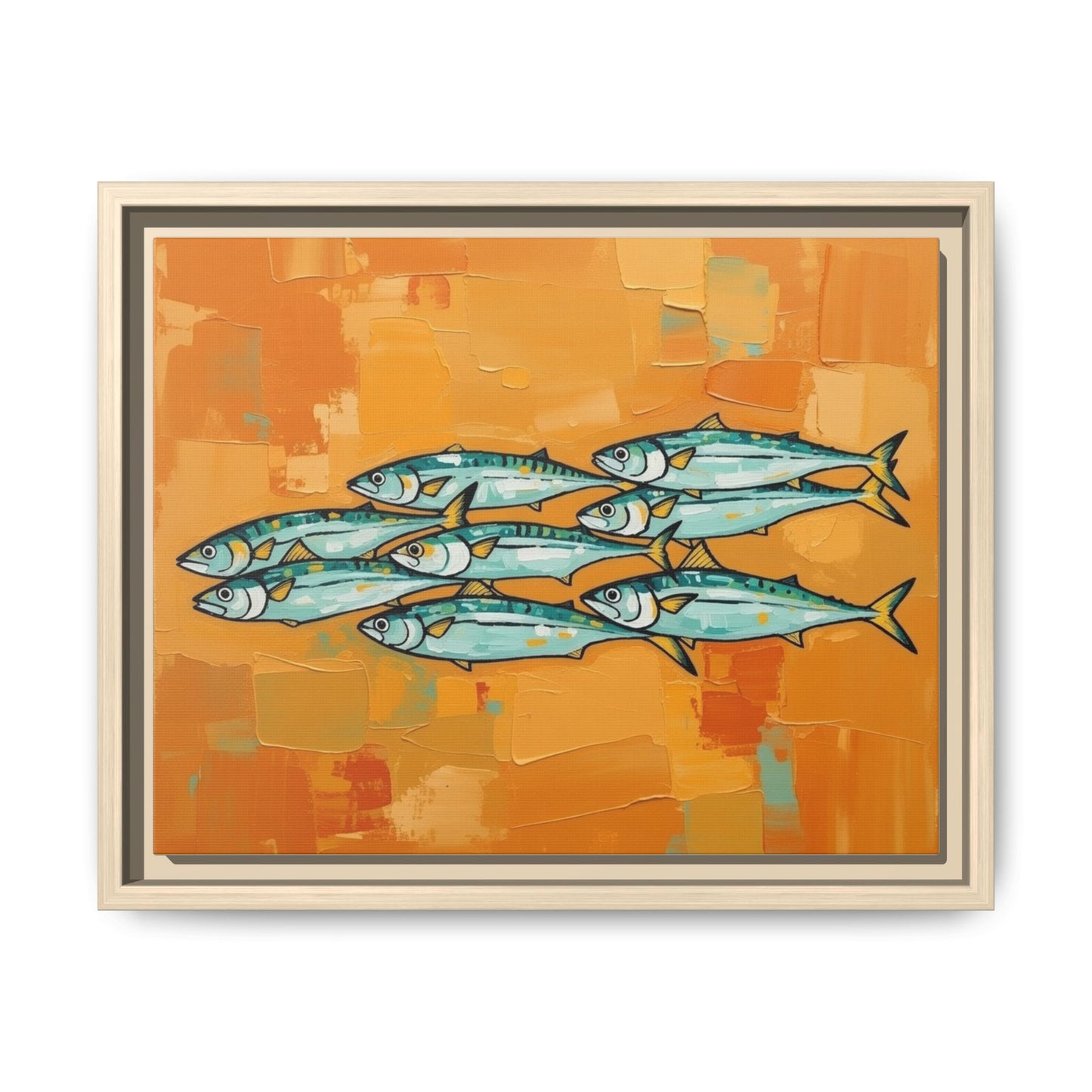 Framed Matte Canvas Print — School of Blue Fish on Orange Abstract Background