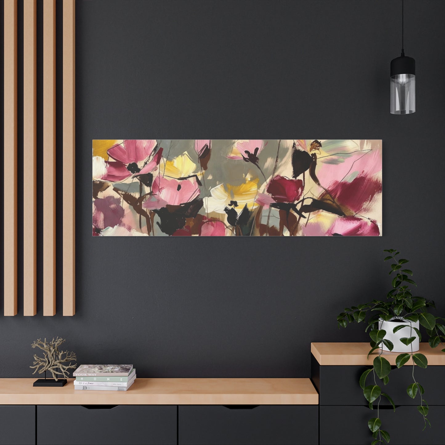 Floral Abstract Canvas Wall Art — Pink & Yellow Bloom Stretched Matte Print