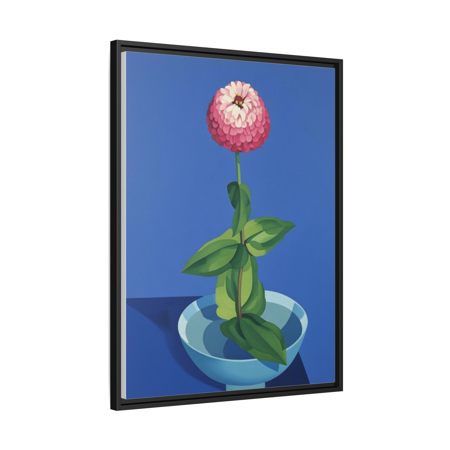 Framed Matte Canvas Art — Pink Zinnia in Blue Bowl (Botanical Still Life)