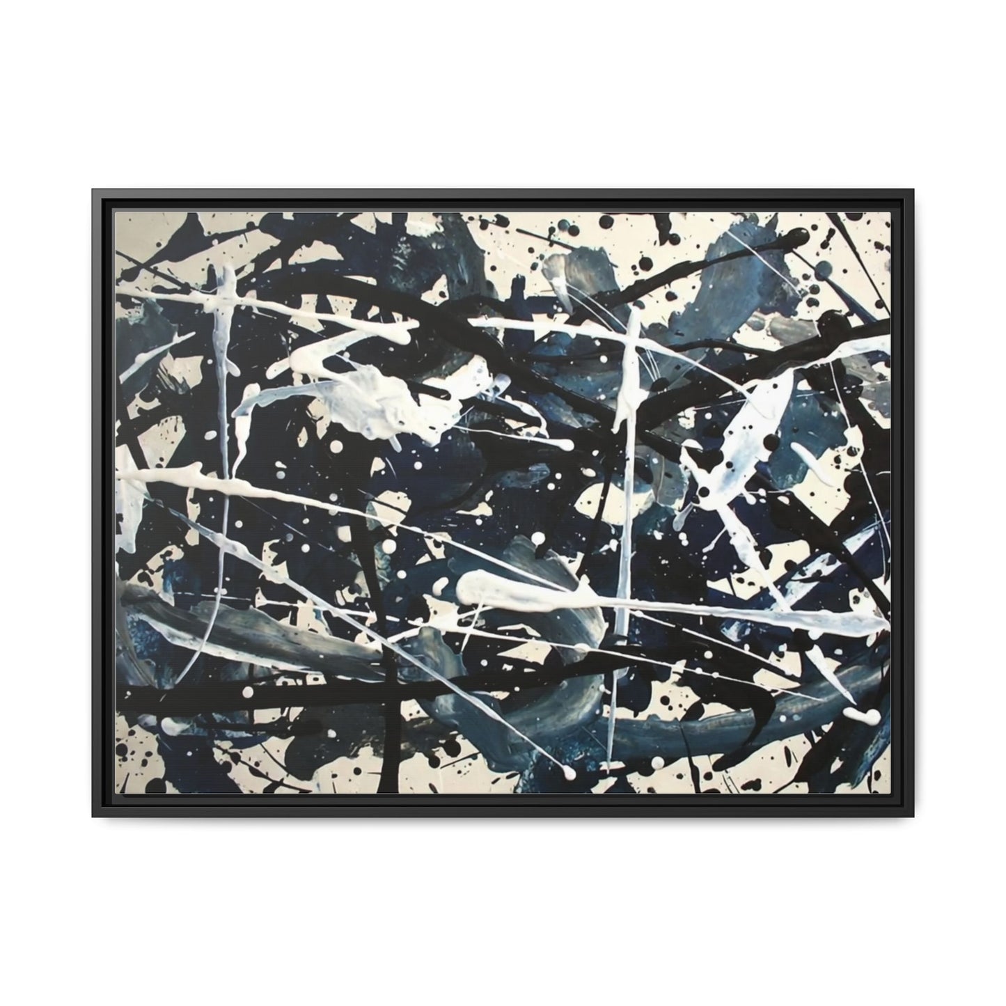 Abstract Splatter Matte Canvas Framed Wall Art — Black & Blue Modern Art Print