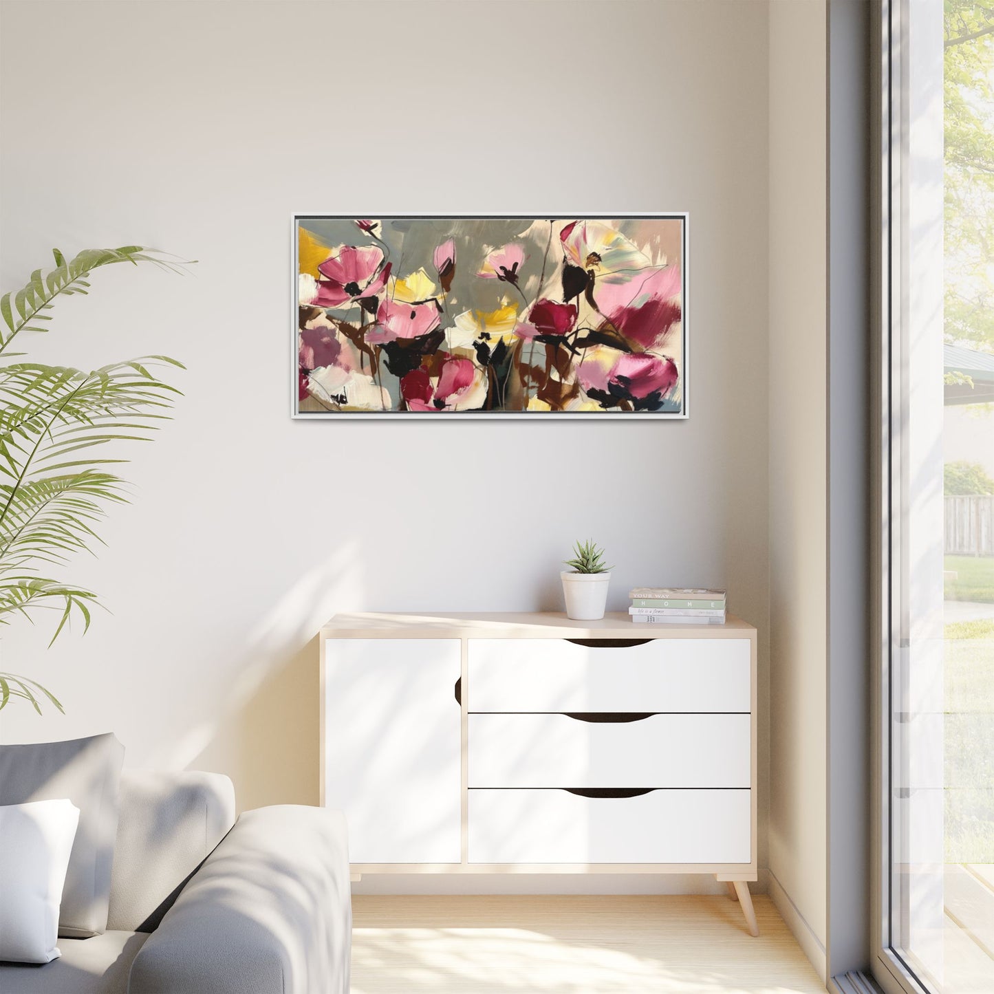 Framed Floral Canvas Wall Art — Abstract Pink & Yellow Flowers