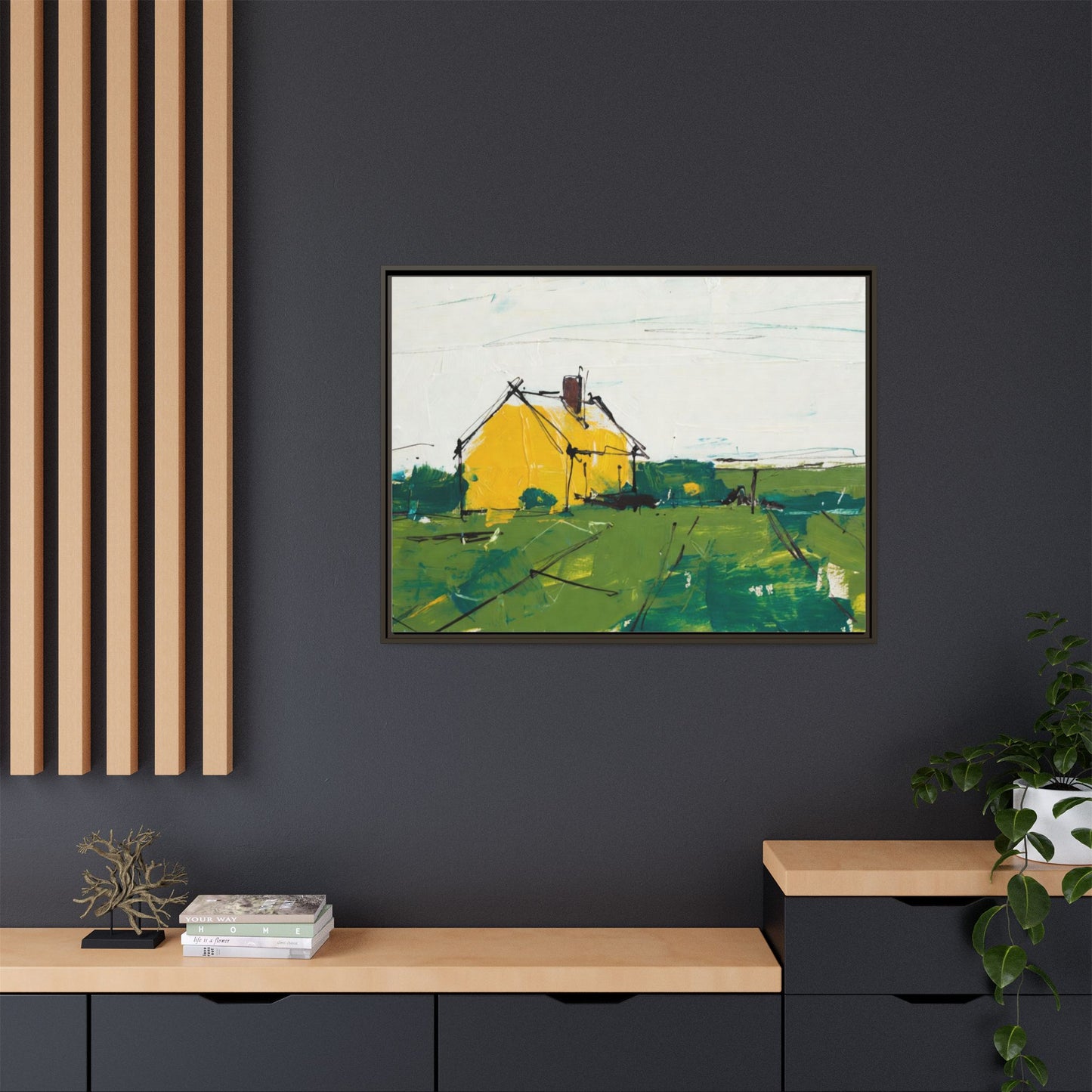 Yellow Cottage Landscape Framed Canvas Print