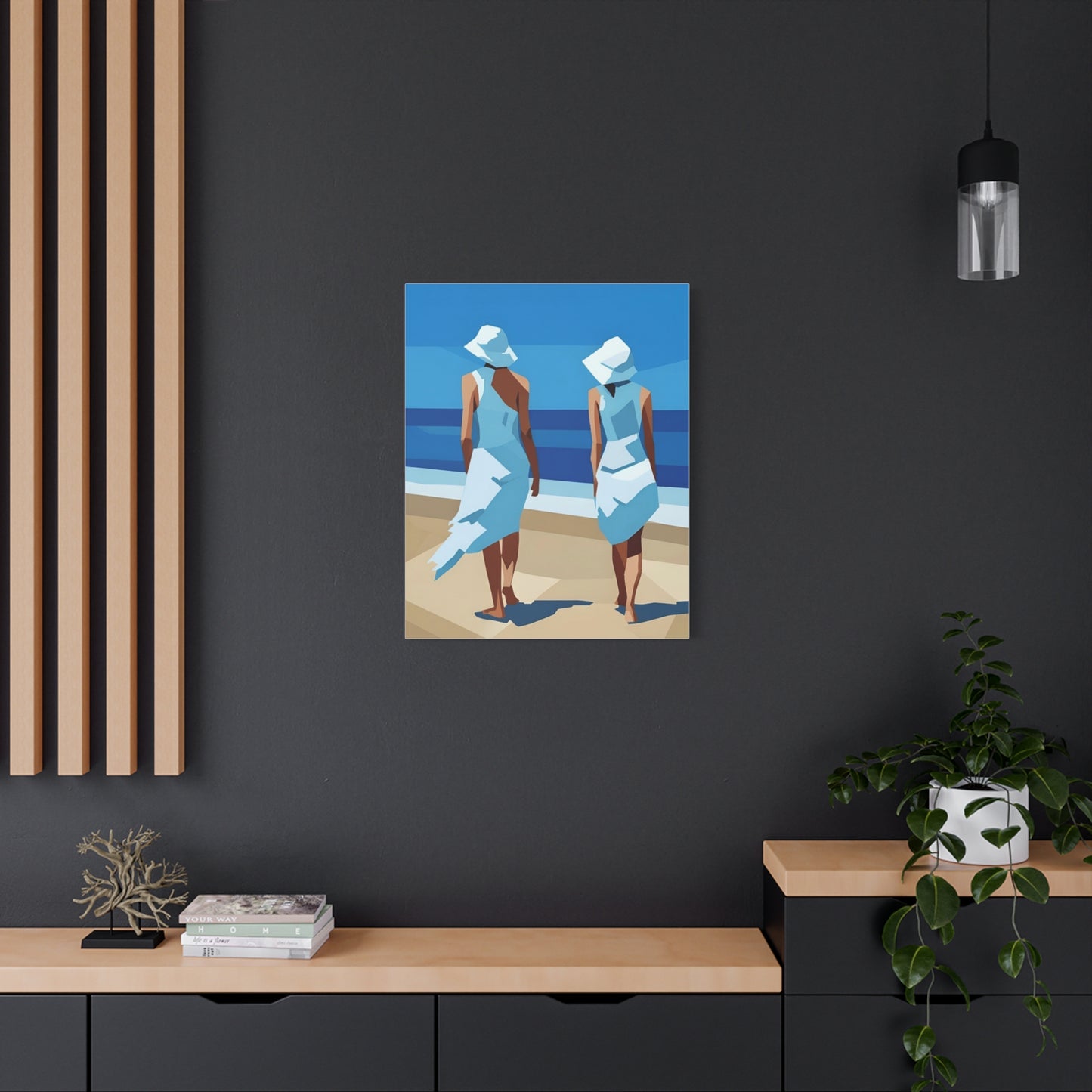 Beach Stroll Canvas Print — Two Women in Blue Sun Hats Matte Stretched