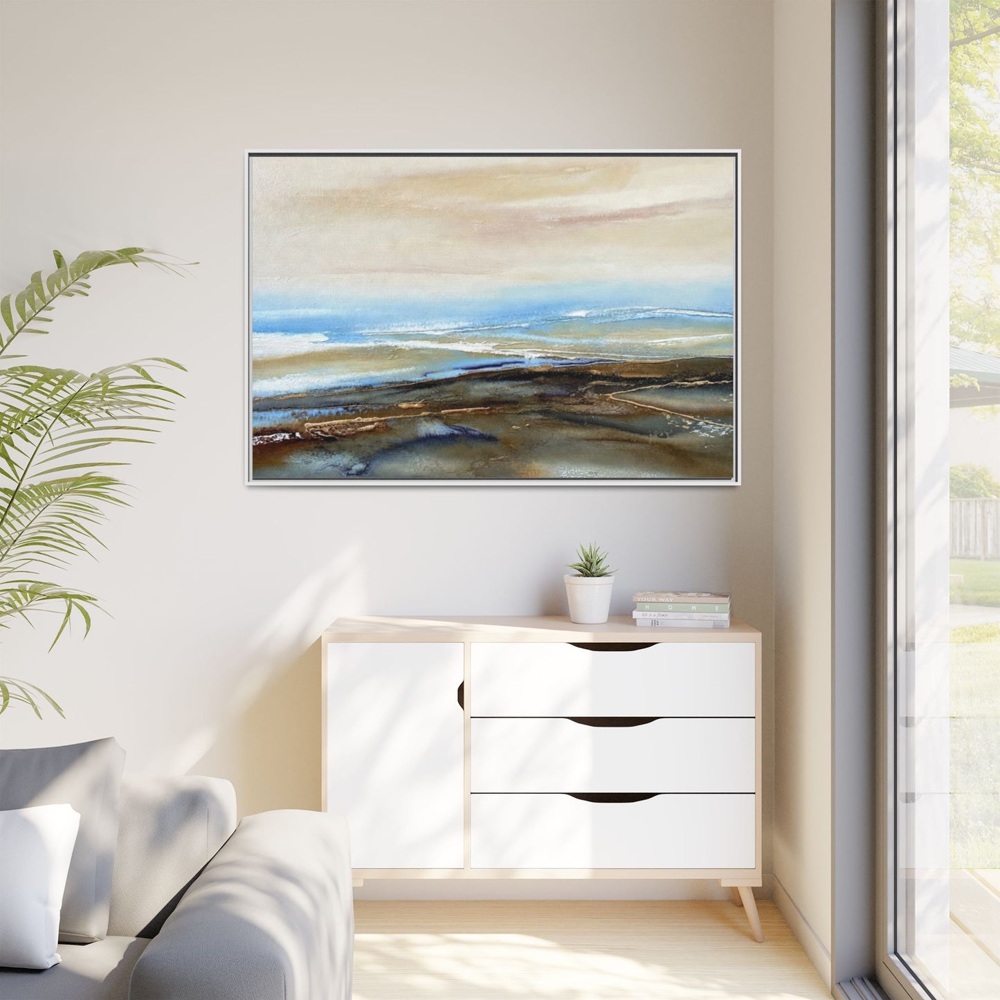 Framed Abstract Seascape Matte Canvas — Coastal Blue & Earth Tone Wall Art