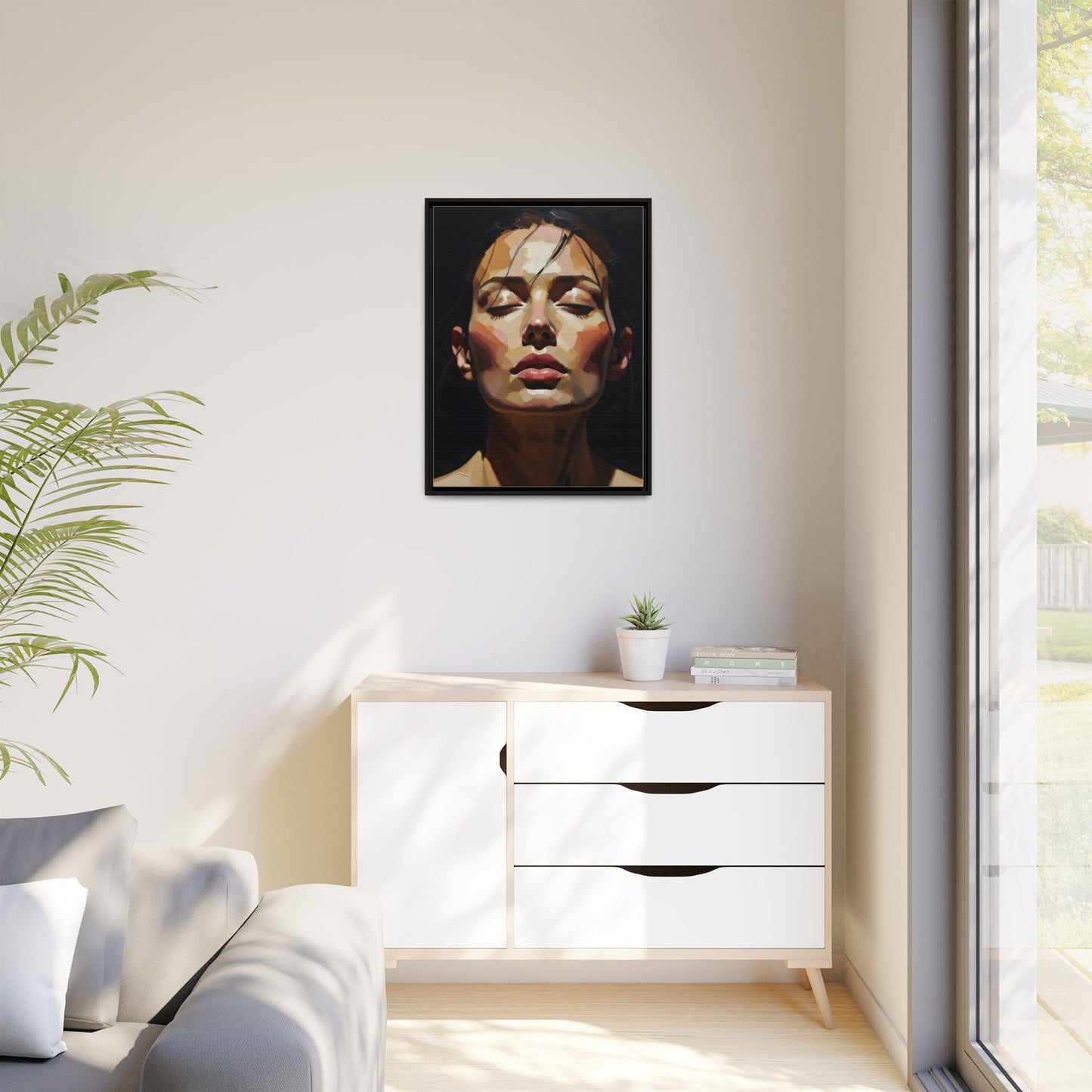 Framed Matte Canvas Portrait – Woman with Eyes Closed (Multi‑Color)