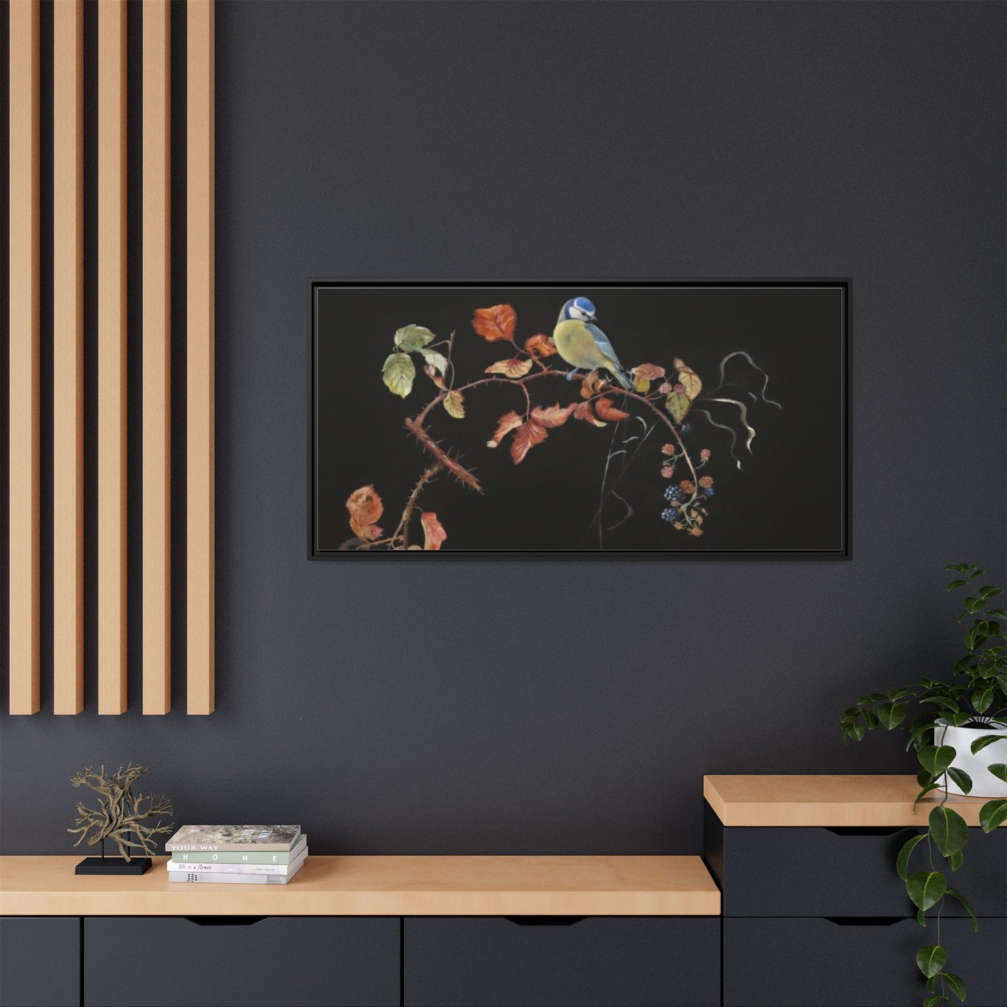 Framed Matte Canvas - Blue Tit on Autumn Branch Wall Art